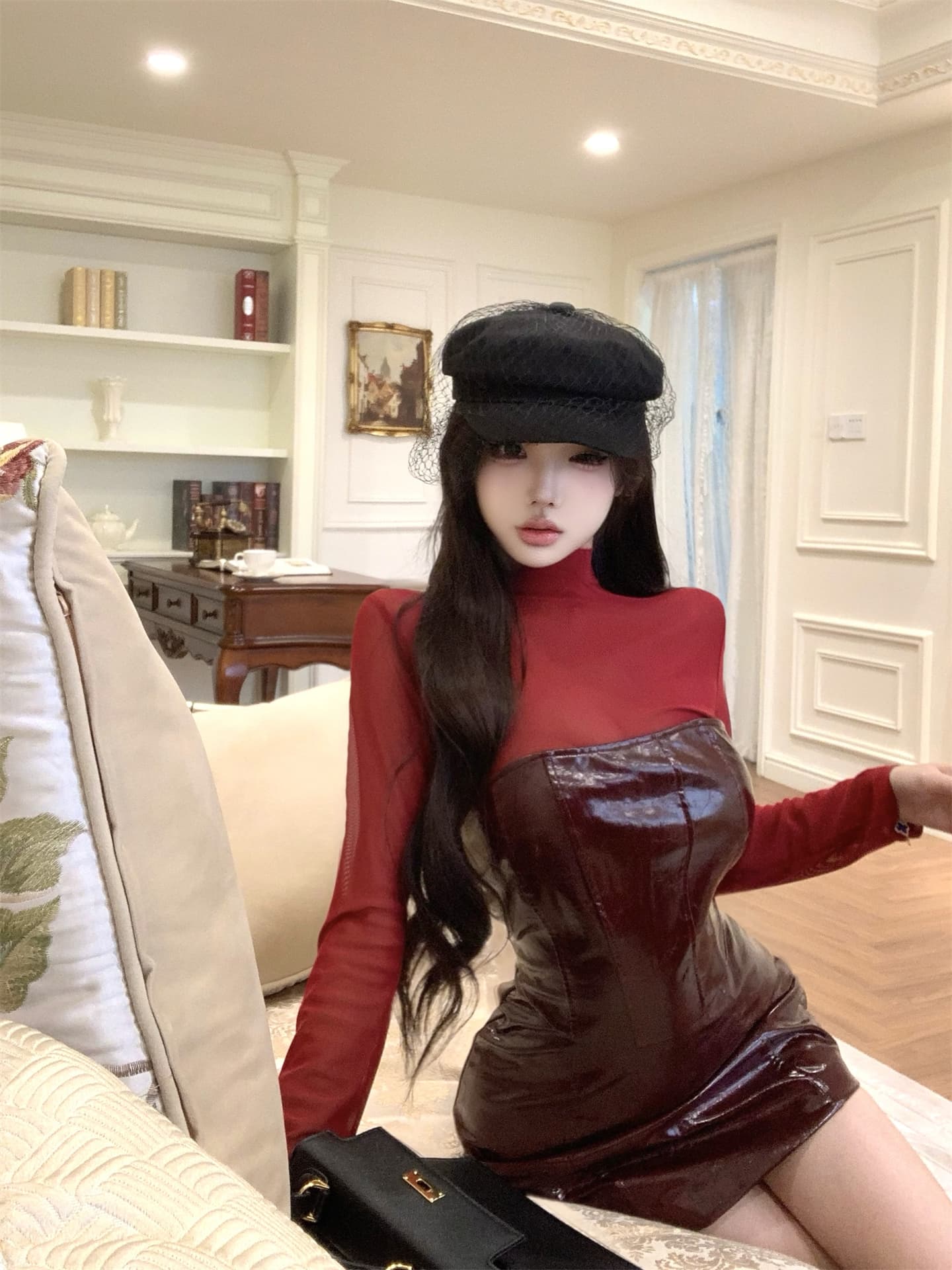 실사 이른 가을 바이퍼 뷰티 빨간색 망사 섹시함 맨위 세트 여성 허리 수축 튜브탑 가죽 스커트 투피스 세트 상세 이미지 5