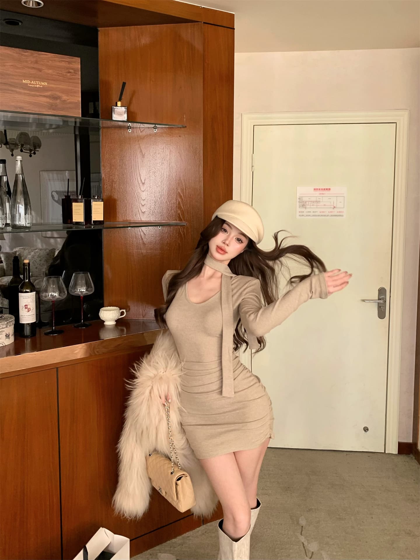 실사 이른 가을 순수한 욕망 섹시함 V넥 펌프 Pleat 타이트 스커트 미니 스커트 몸매 가꾸기 슬림해 보이는 디자인 센스 드레스 경기 리본 상세 이미지 3