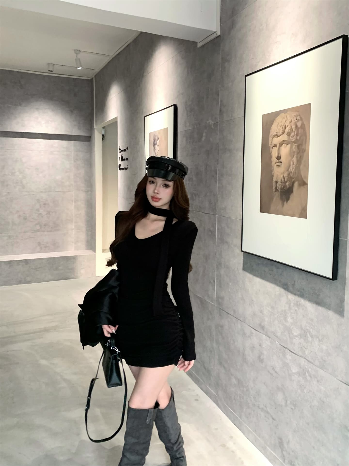 실사 이른 가을 순수한 욕망 섹시함 V넥 펌프 Pleat 타이트 스커트 미니 스커트 몸매 가꾸기 슬림해 보이는 디자인 센스 드레스 경기 리본 상세 이미지 26