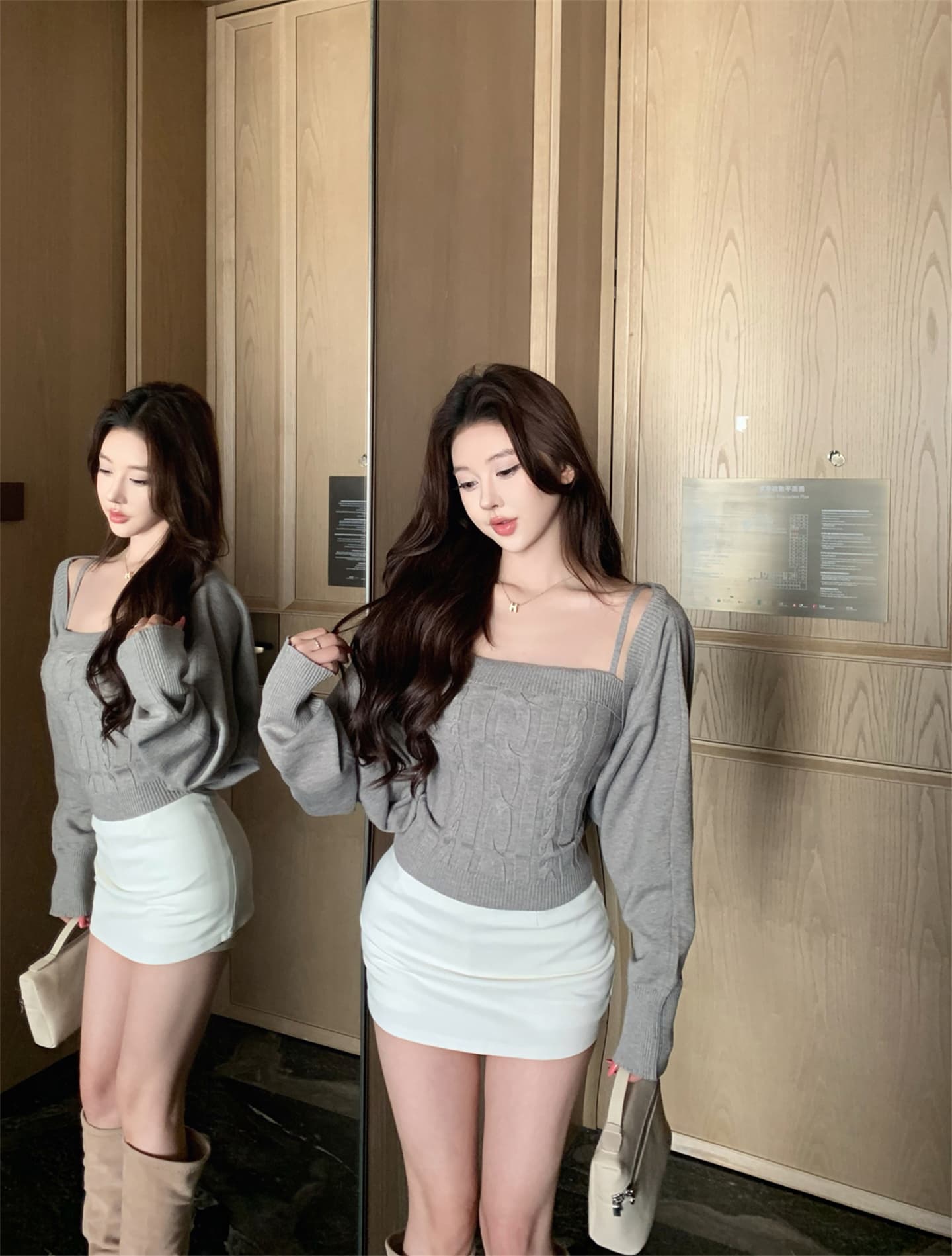 실사 봄 가을 겨울 모카 뮤 S 벌룬 소매 트위스트 꽃 캐미솔 오픈 가디건 니트 두 조각 여성 세트 이미지 4