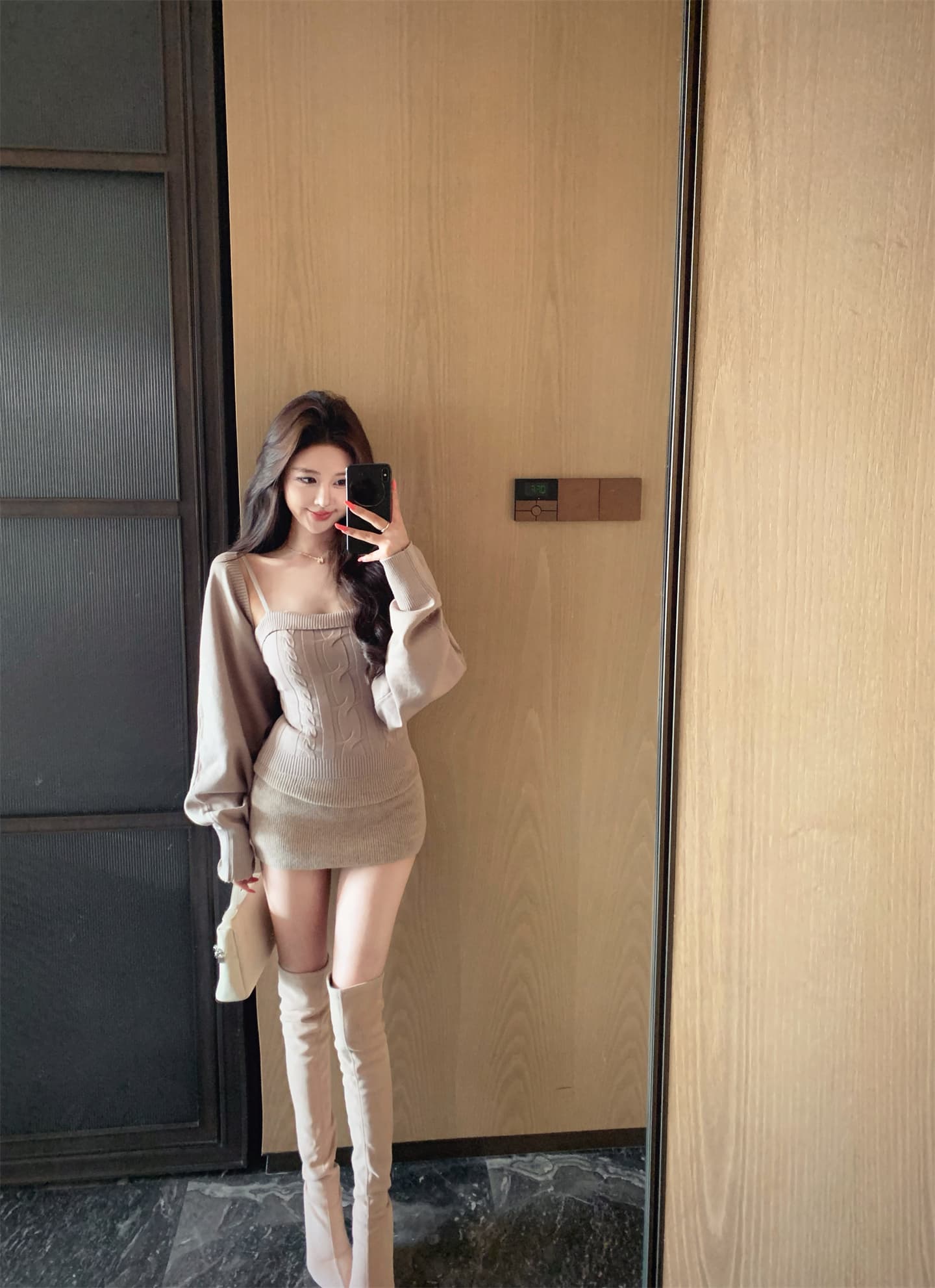 실사 봄 가을 겨울 모카 뮤 S 벌룬 소매 트위스트 꽃 캐미솔 오픈 가디건 니트 두 조각 여성 세트 상세 이미지 9