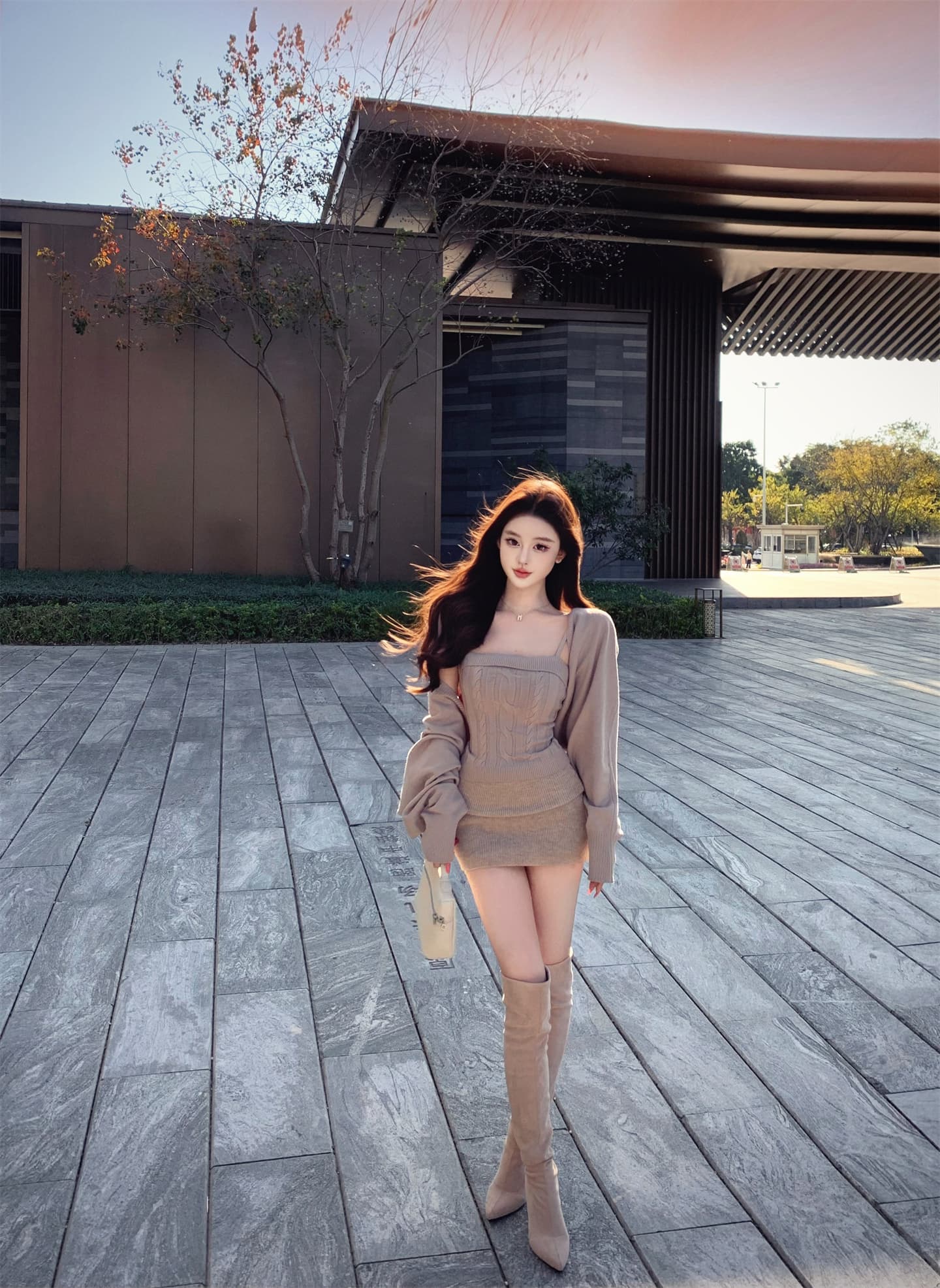 실사 봄 가을 겨울 모카 뮤 S 벌룬 소매 트위스트 꽃 캐미솔 오픈 가디건 니트 두 조각 여성 세트 상세 이미지 10