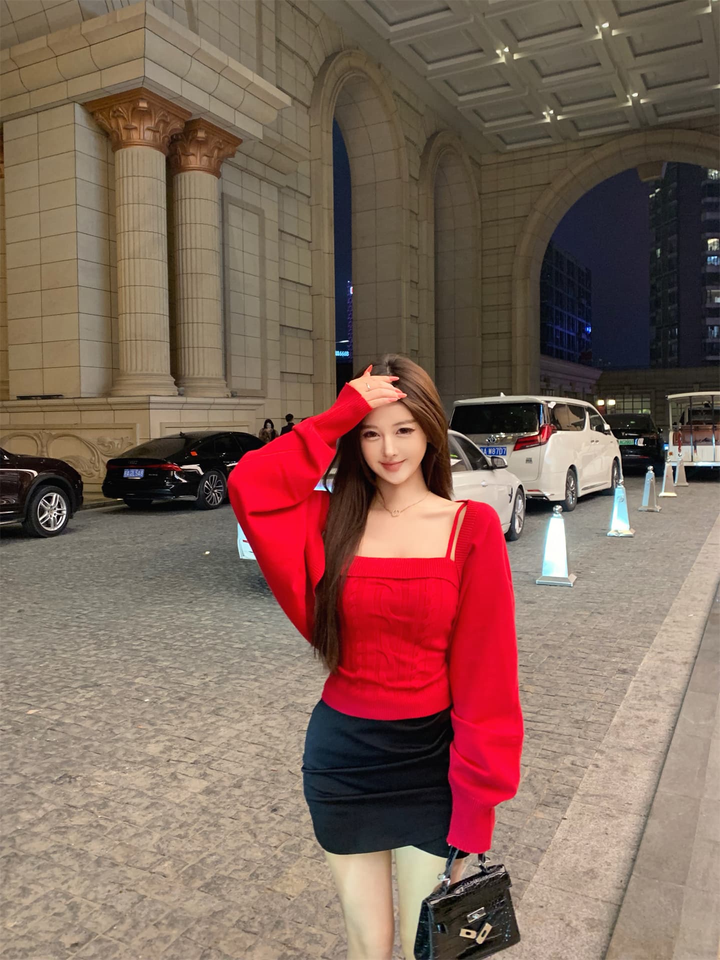 실사 봄 가을 겨울 모카 뮤 S 벌룬 소매 트위스트 꽃 캐미솔 오픈 가디건 니트 두 조각 여성 세트 상세 이미지 15