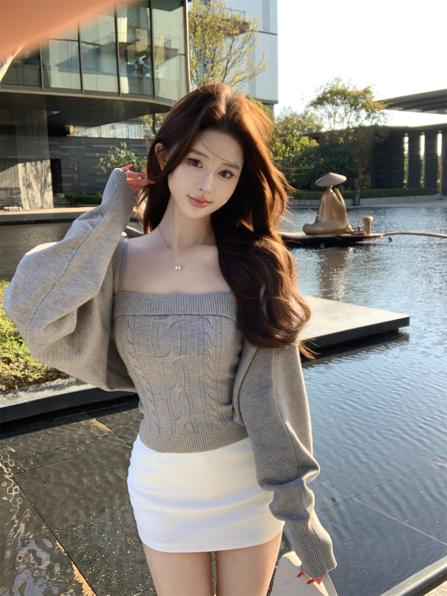 실사 봄 가을 겨울 모카 뮤 S 벌룬 소매 트위스트 꽃 캐미솔 오픈 가디건 니트 두 조각 여성 세트 상세 이미지 21
