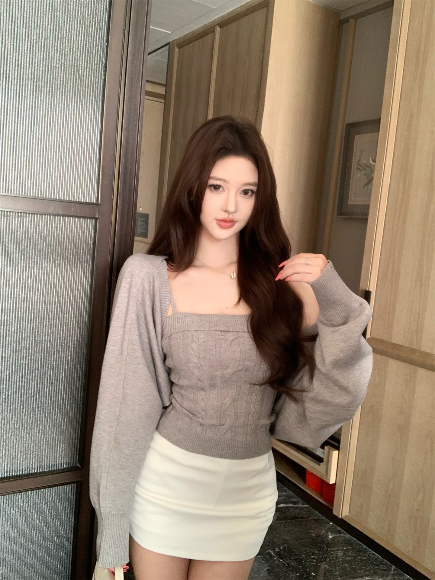 실사 봄 가을 겨울 모카 뮤 S 벌룬 소매 트위스트 꽃 캐미솔 오픈 가디건 니트 두 조각 여성 세트 상세 이미지 23