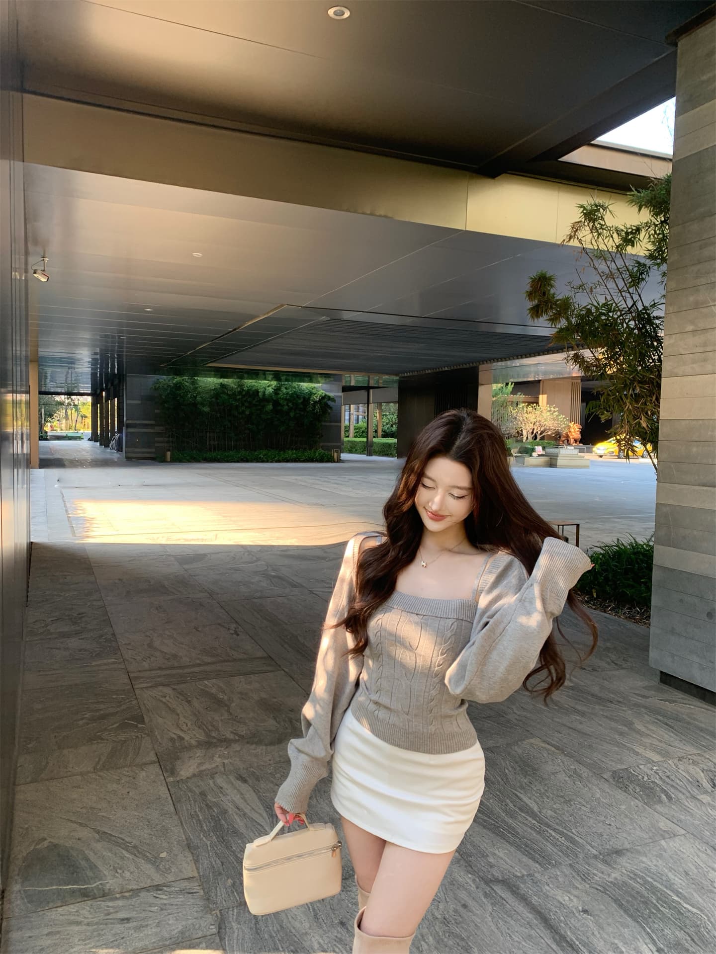 실사 봄 가을 겨울 모카 뮤 S 벌룬 소매 트위스트 꽃 캐미솔 오픈 가디건 니트 두 조각 여성 세트 상세 이미지 25