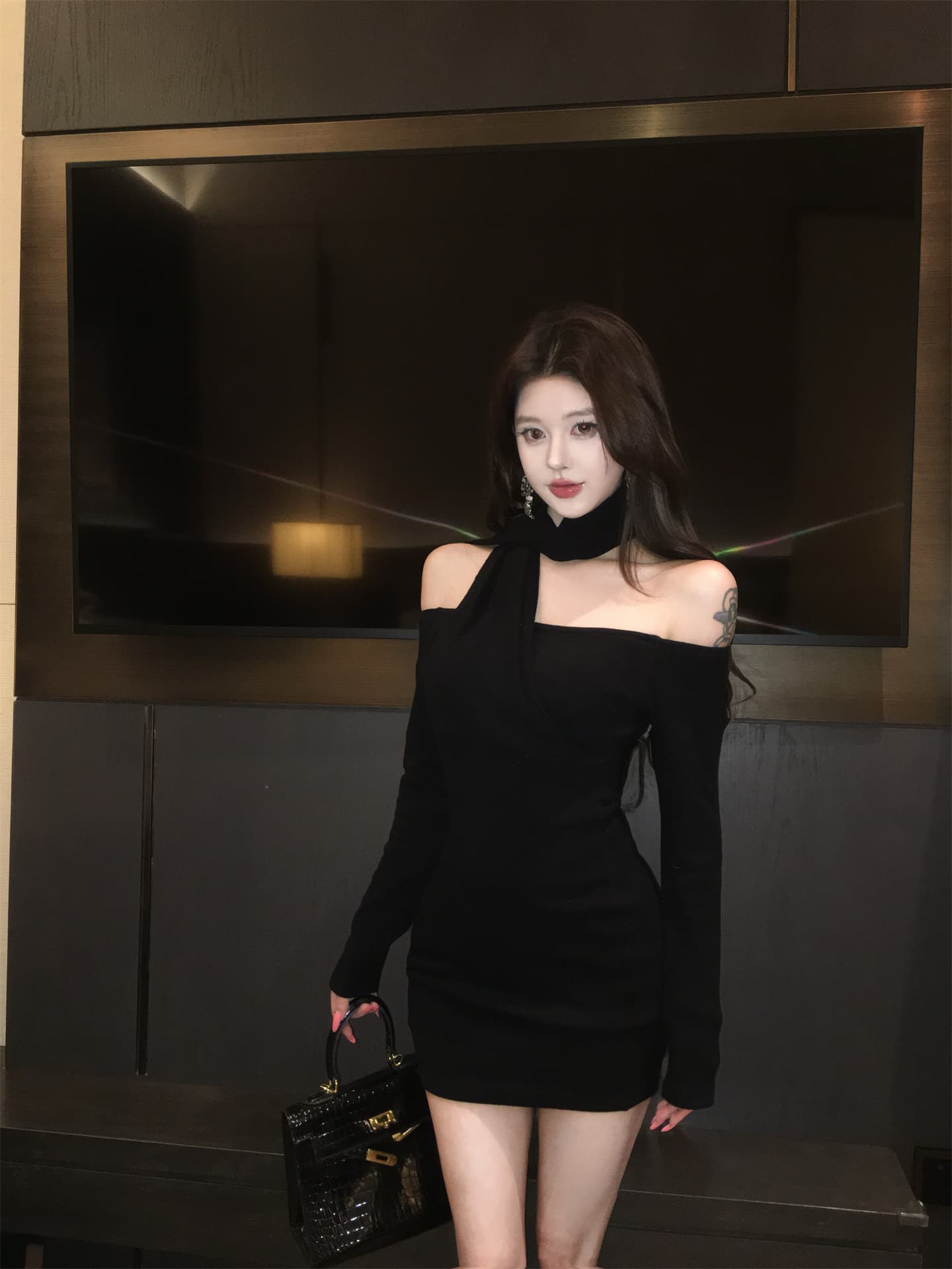 실사 가을 겨울 오프숄더 행침 목 긴팔 허리 수축 드레스 프랑스식 몸매 가꾸기 슬림해 보이는 만나는 타이트 스커트 여성 상세 이미지 12