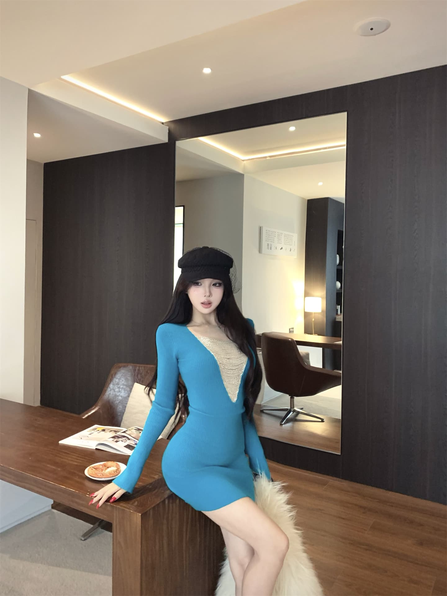 실사 이른 봄 새로운 v 종류 무거운 작업 구슬 사슬 양모 니트 원피스 구덩이 기사 몸매 가꾸기 타이트 스커트 롱 스커트 3 색 상세 이미지 5