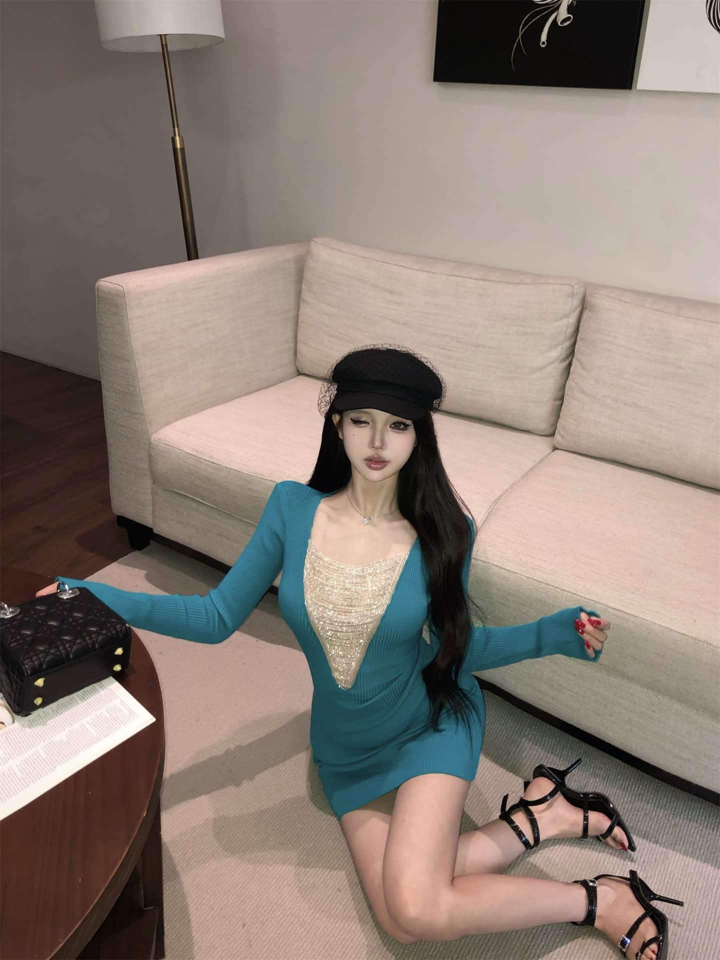 실사 이른 봄 새로운 v 종류 무거운 작업 구슬 사슬 양모 니트 원피스 구덩이 기사 몸매 가꾸기 타이트 스커트 롱 스커트 3 색 상세 이미지 9