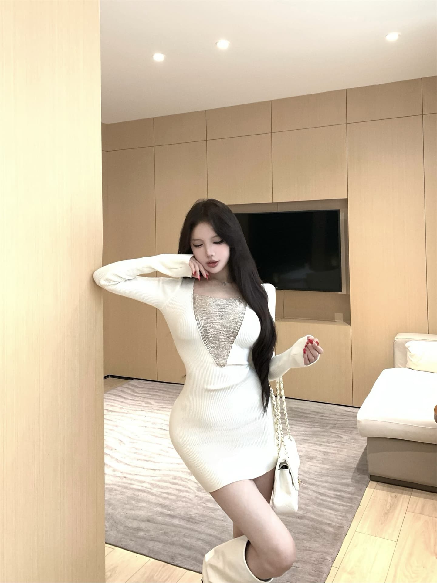 실사 이른 봄 새로운 v 종류 무거운 작업 구슬 사슬 양모 니트 원피스 구덩이 기사 몸매 가꾸기 타이트 스커트 롱 스커트 3 색 상세 이미지 21