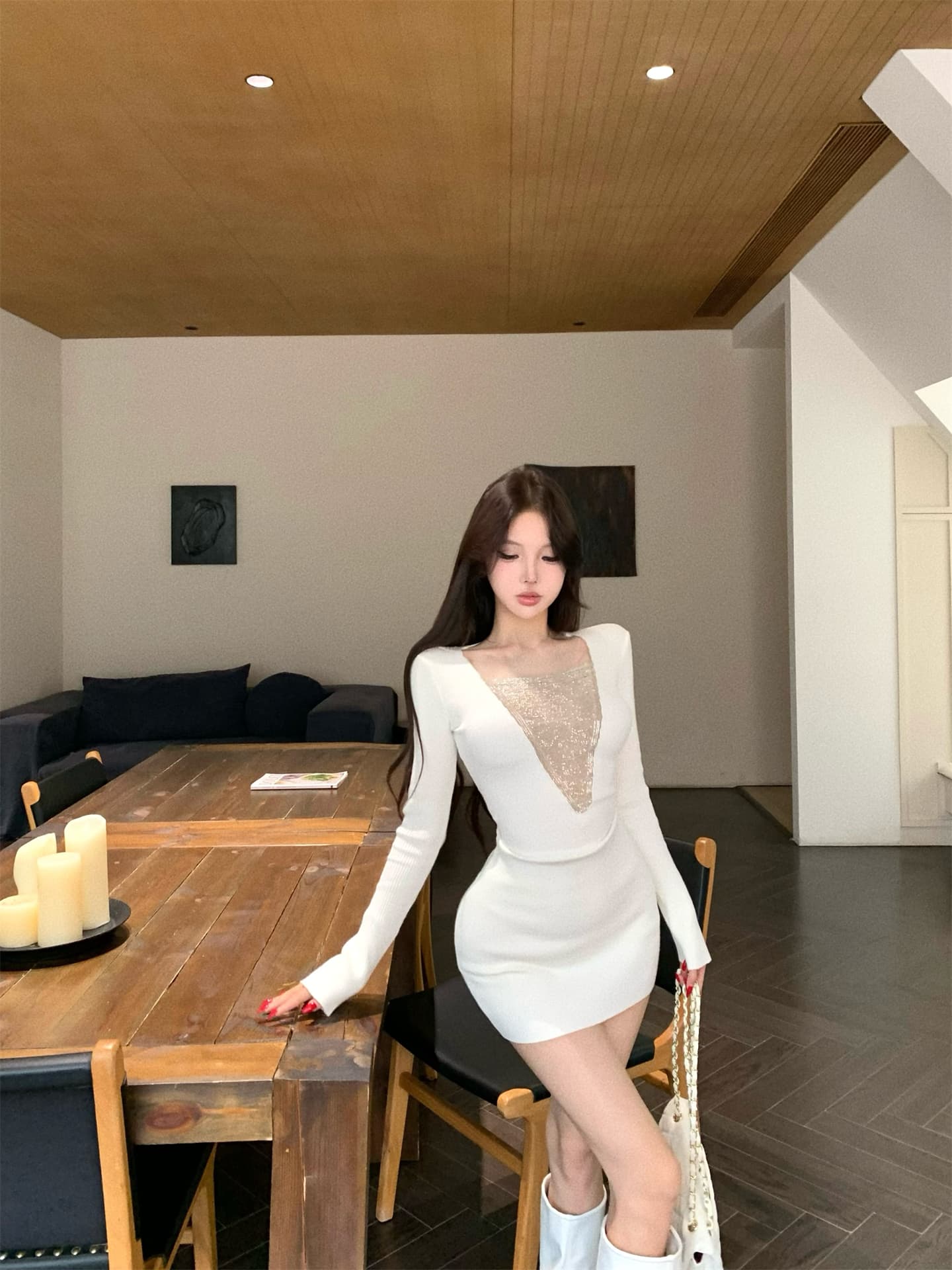 실사 이른 봄 새로운 v 종류 무거운 작업 구슬 사슬 양모 니트 원피스 구덩이 기사 몸매 가꾸기 타이트 스커트 롱 스커트 3 색 상세 이미지 24