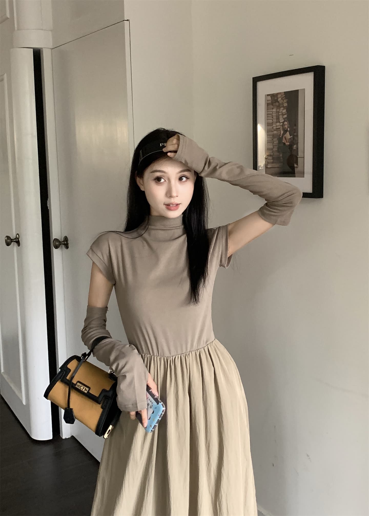 실사 봄 여름 새로운 한 부서 패치워크 반팔 반하이넥 허리 수축 슬림해 보이는 롱 코트 여성 드레스