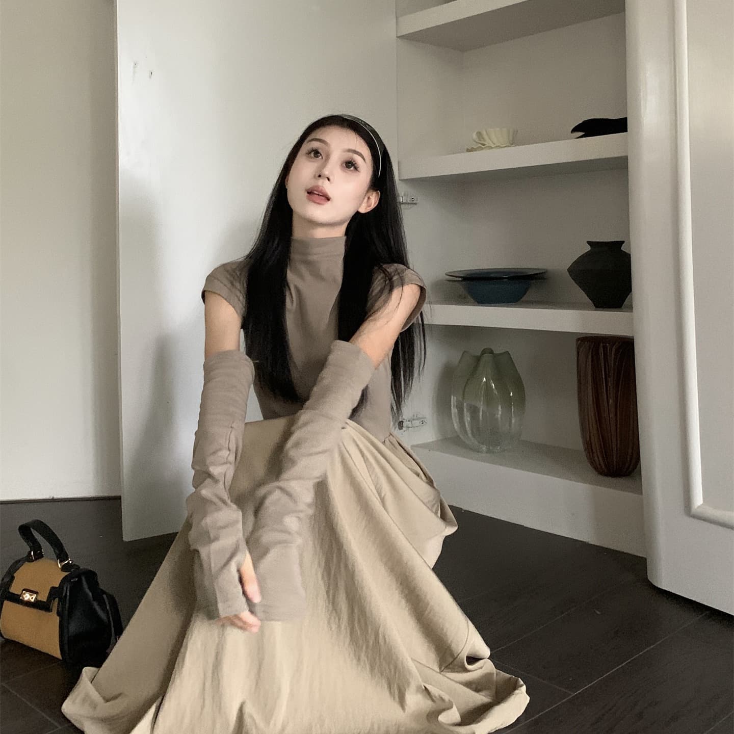 실사 봄 여름 새로운 한 부서 패치워크 반팔 반하이넥 허리 수축 슬림해 보이는 롱 코트 여성 드레스 이미지 5