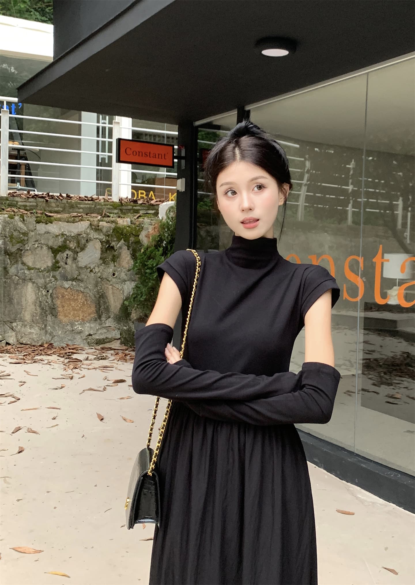 실사 봄 여름 새로운 한 부서 패치워크 반팔 반하이넥 허리 수축 슬림해 보이는 롱 코트 여성 드레스 상세 이미지 1