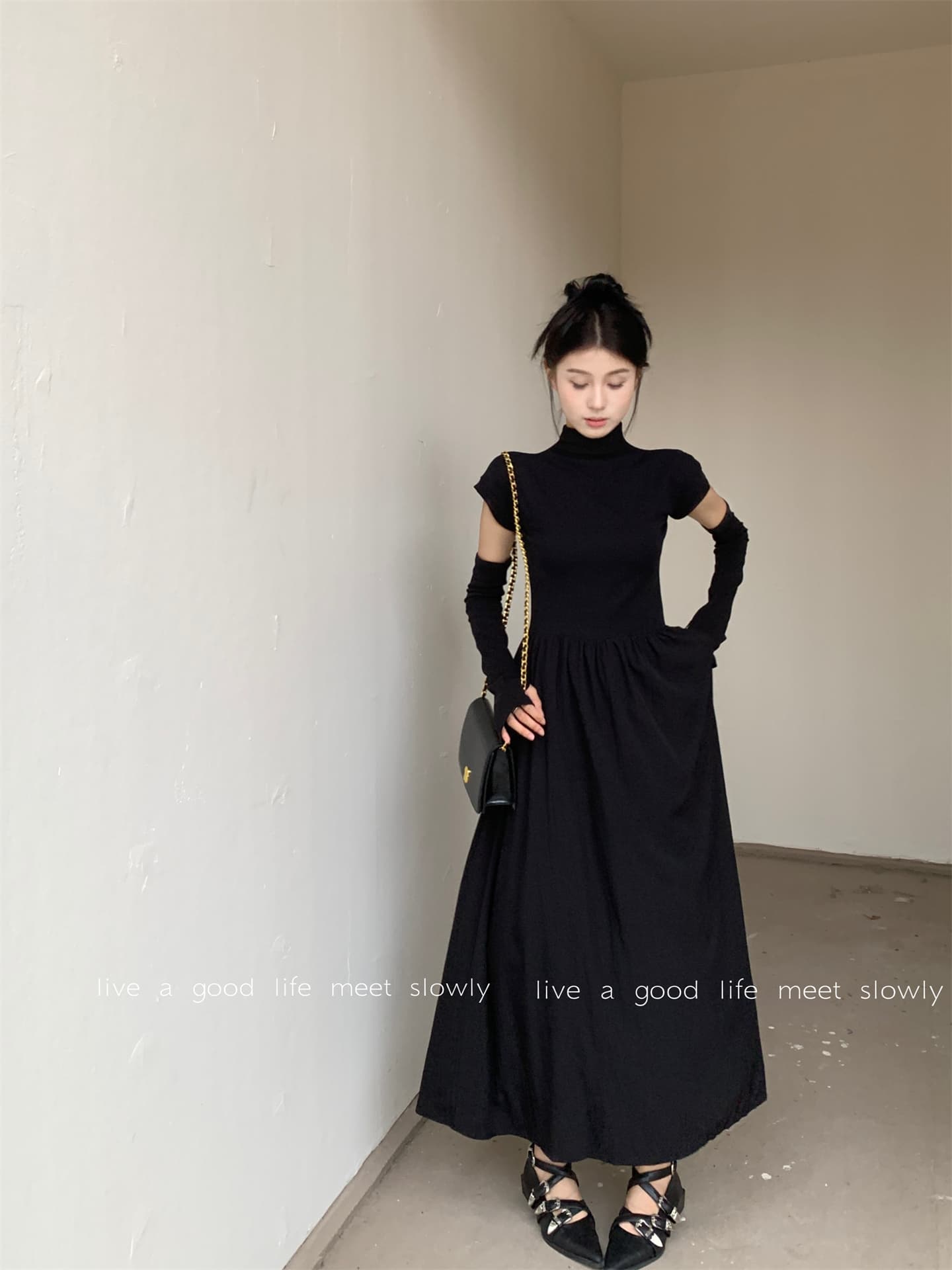 실사 봄 여름 새로운 한 부서 패치워크 반팔 반하이넥 허리 수축 슬림해 보이는 롱 코트 여성 드레스 상세 이미지 2