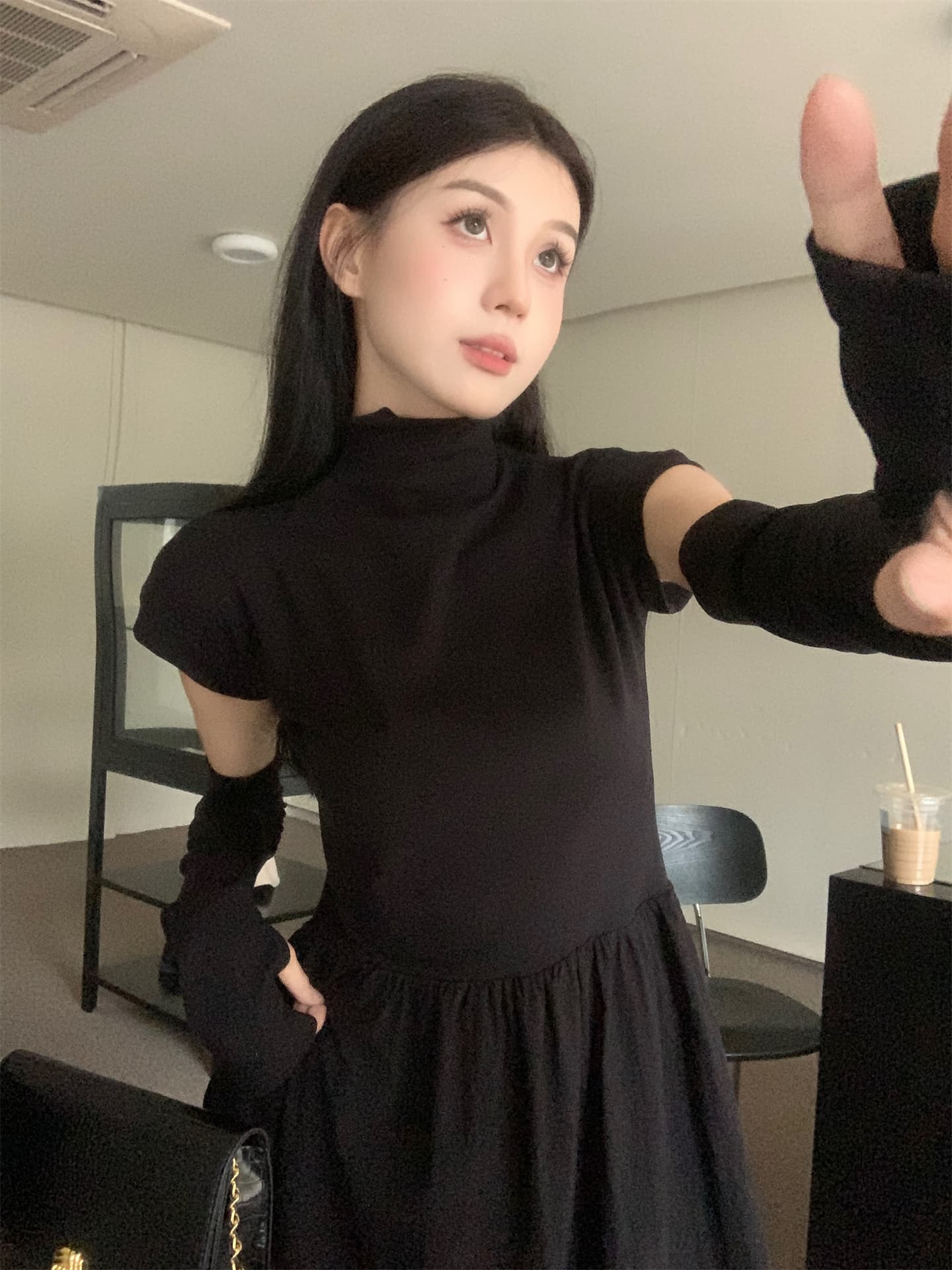 실사 봄 여름 새로운 한 부서 패치워크 반팔 반하이넥 허리 수축 슬림해 보이는 롱 코트 여성 드레스 상세 이미지 5