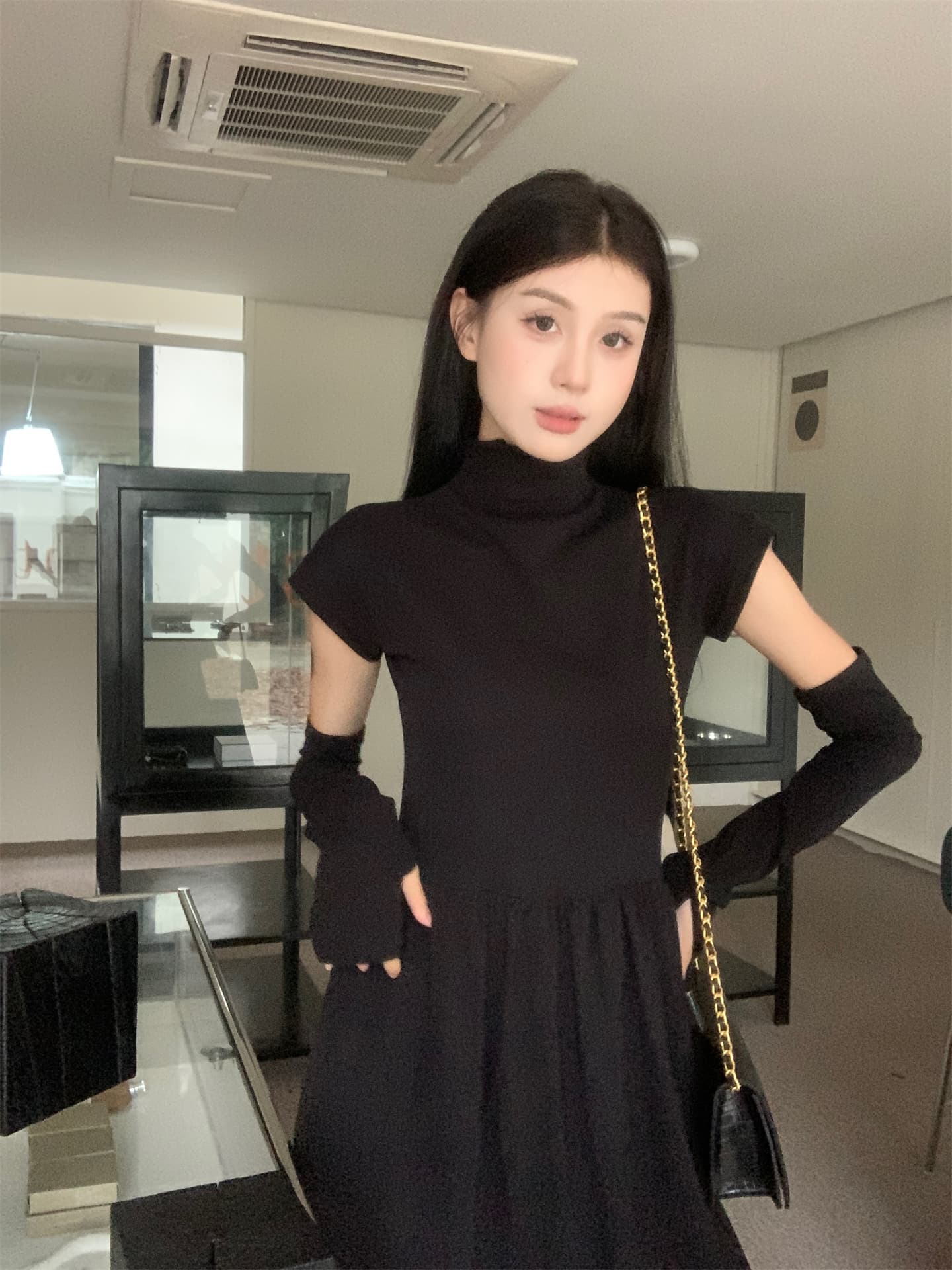 실사 봄 여름 새로운 한 부서 패치워크 반팔 반하이넥 허리 수축 슬림해 보이는 롱 코트 여성 드레스 상세 이미지 7