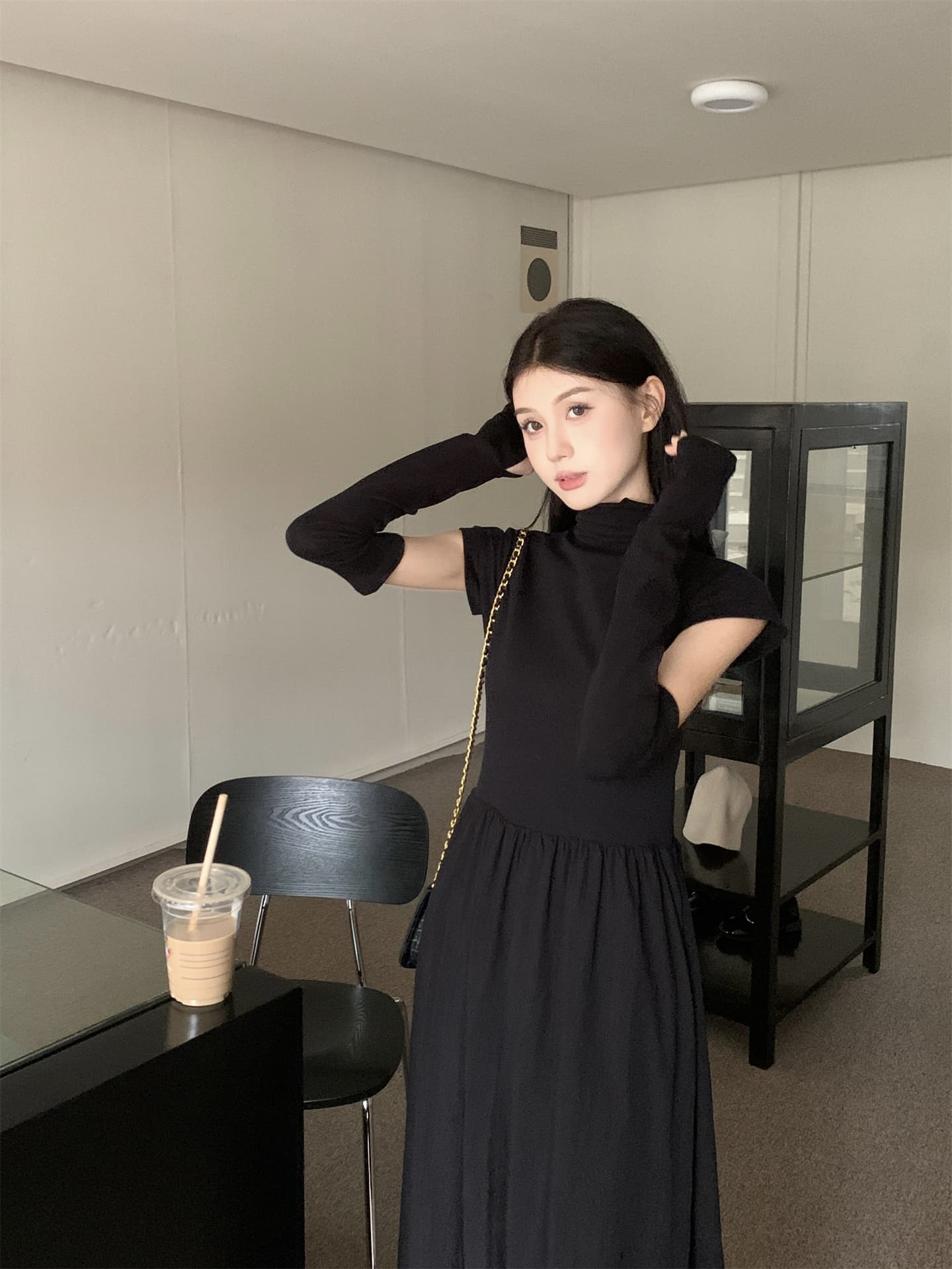 실사 봄 여름 새로운 한 부서 패치워크 반팔 반하이넥 허리 수축 슬림해 보이는 롱 코트 여성 드레스 상세 이미지 11