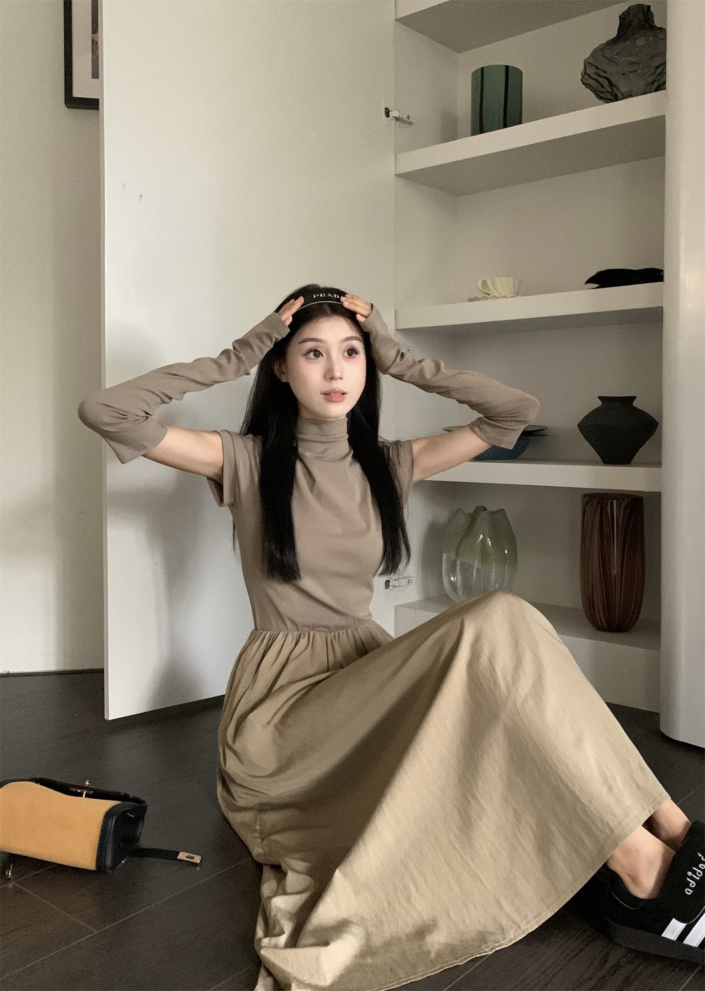 실사 봄 여름 새로운 한 부서 패치워크 반팔 반하이넥 허리 수축 슬림해 보이는 롱 코트 여성 드레스 상세 이미지 18