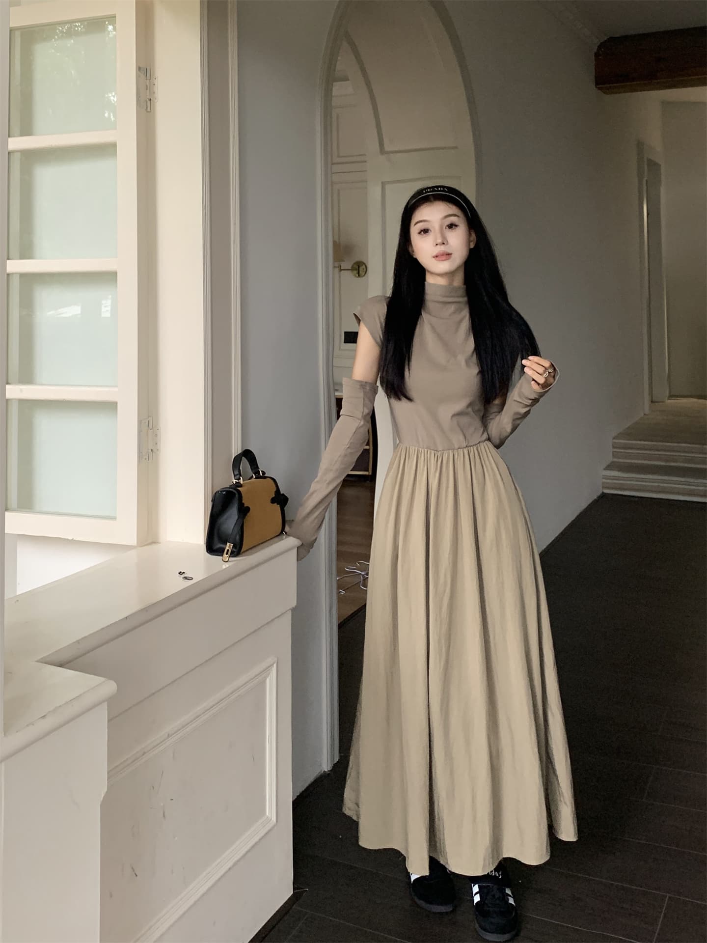 실사 봄 여름 새로운 한 부서 패치워크 반팔 반하이넥 허리 수축 슬림해 보이는 롱 코트 여성 드레스 상세 이미지 20
