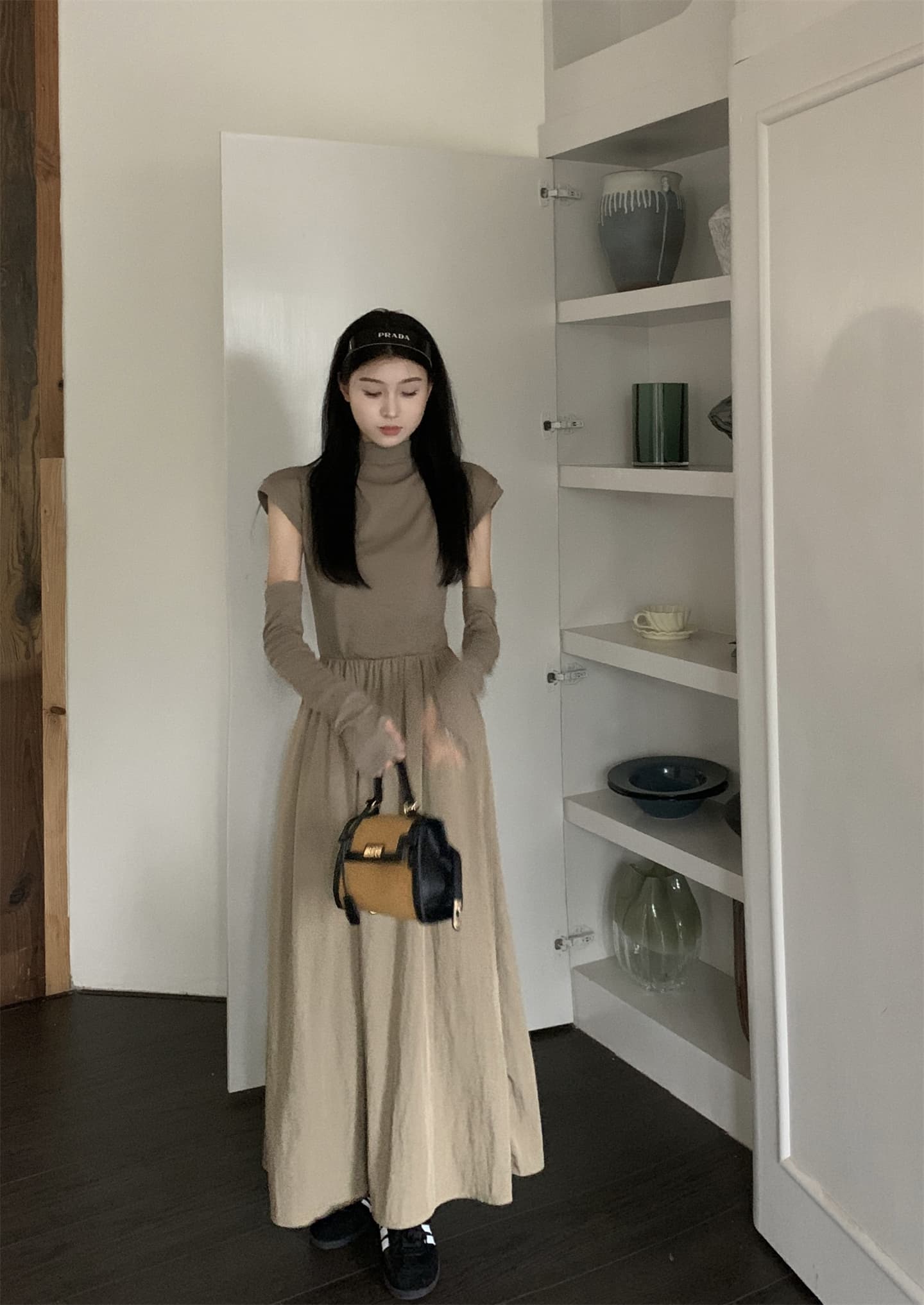 실사 봄 여름 새로운 한 부서 패치워크 반팔 반하이넥 허리 수축 슬림해 보이는 롱 코트 여성 드레스 상세 이미지 22
