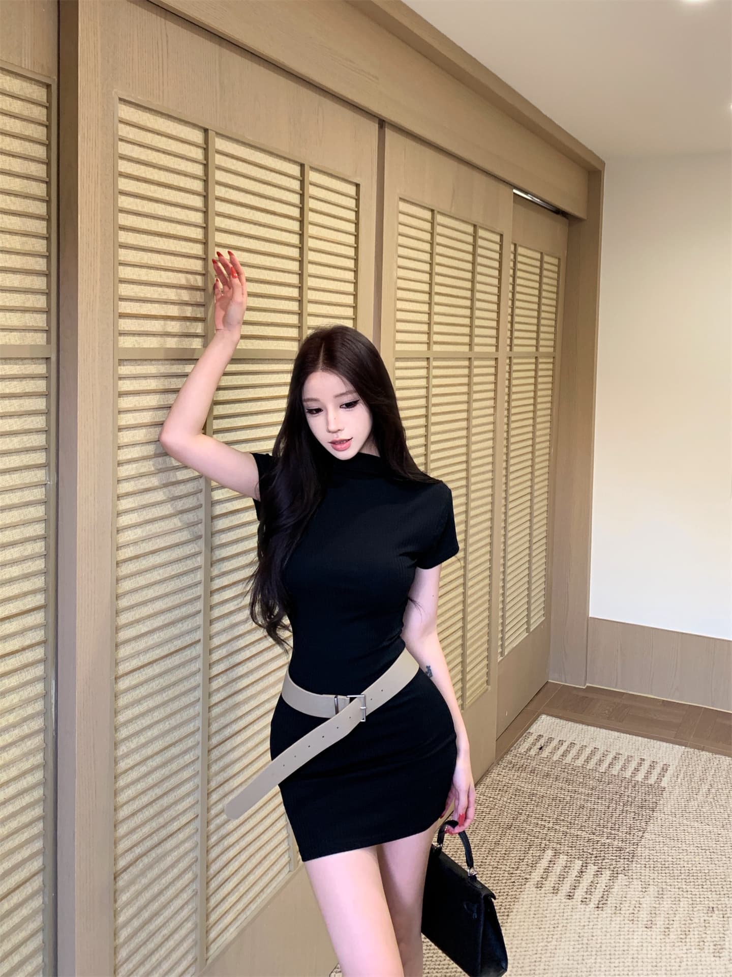 실사 한국 동대문 새로운 한국 스타일 2026 프랑스식 고급 반하이넥 반팔 드레스 벨트 포함 상세 이미지 21