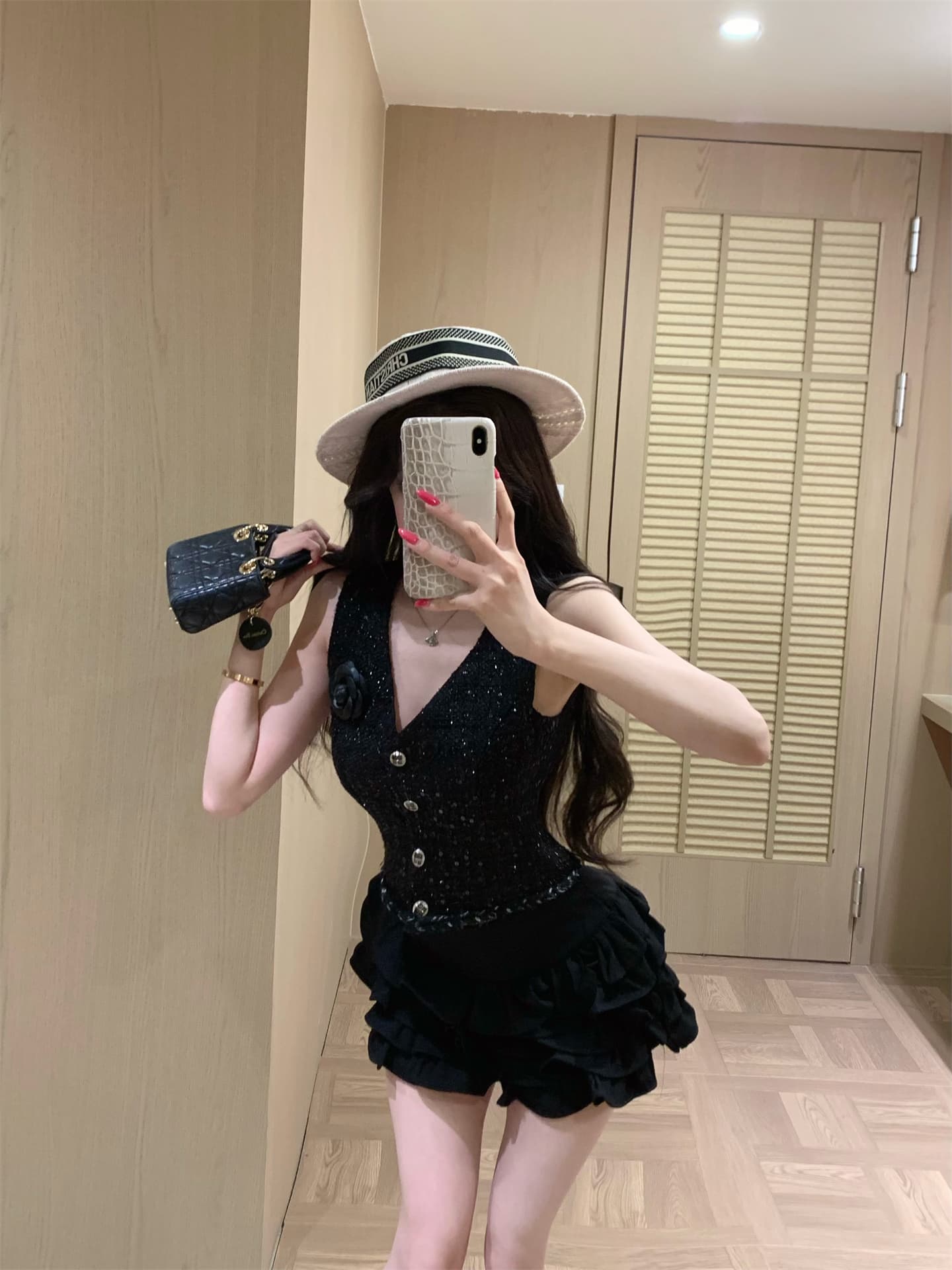 실사 고급 센스 절묘한 V넥 외출용 작은 샤넬 스타일 베스트 발레 바람 프릴 한 마디 케이크 퍼프 스커트