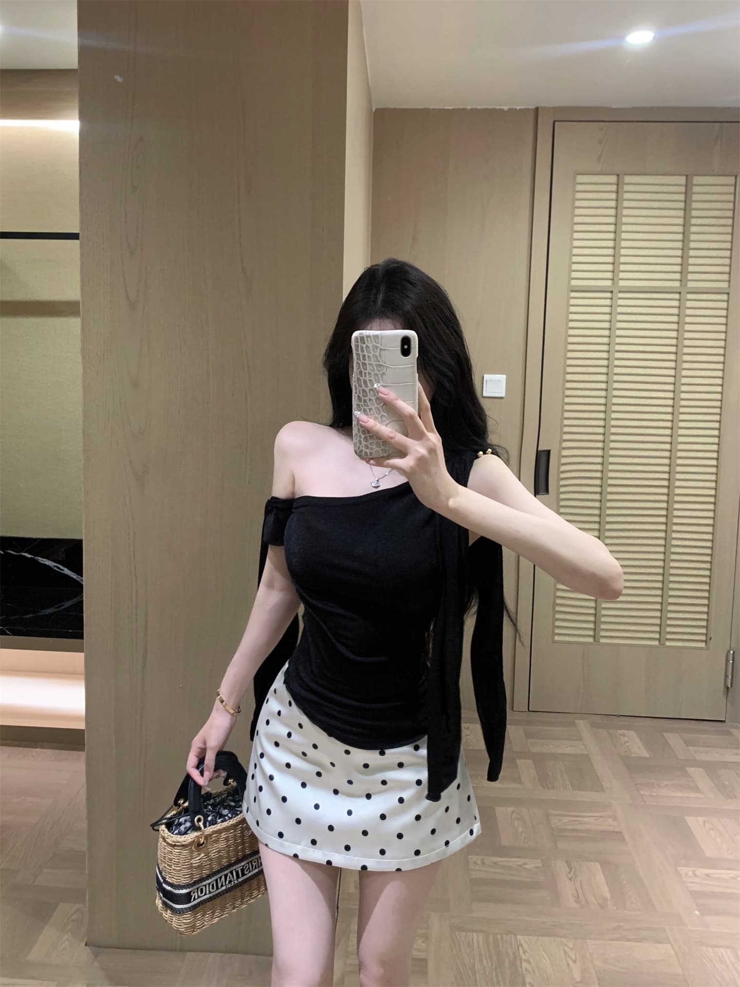 실사 프랑스식 비스듬한 어깨 디자인 리본 민소매 맨위 조끼 여름 안개 얼굴 공단 센스 도트 무늬 치마바지 반 스커트 여성 상세 이미지 1
