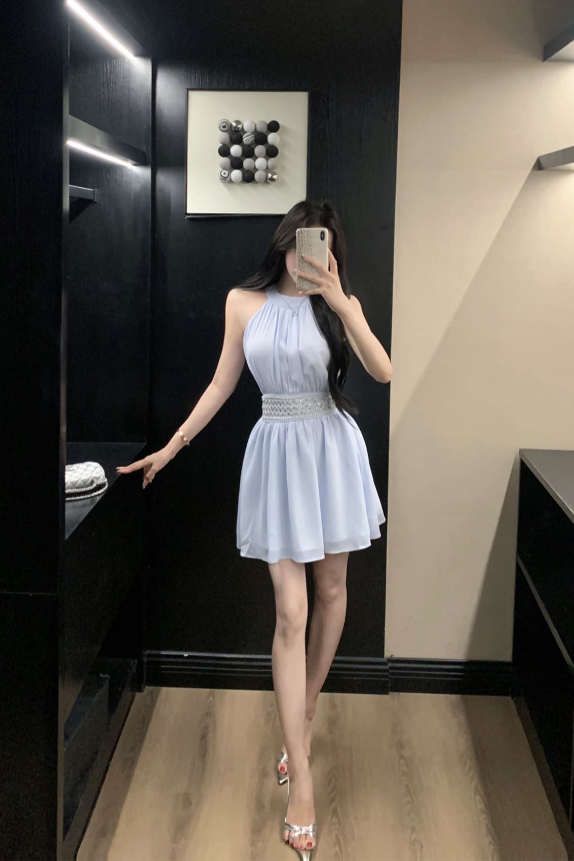 실사 사랑 여름 박하 무거운 작업 쉬폰 행침 목 여성 드레스 여름 섹시함 홀로우 아웃 이슬 허리 허리 수축 치마 이미지 6