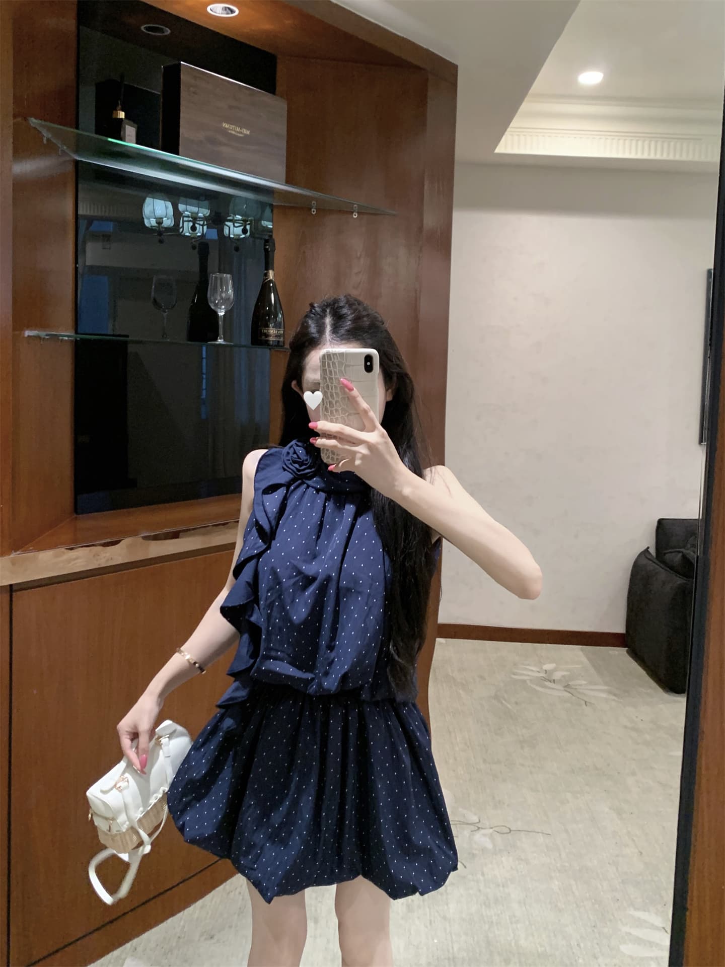 실사 프랑스식 품격 불규칙 리본 행침 목 도트 무늬 조끼 하이웨이스트 한 마디 주름 꽃밭 미니 스커트 세트 이미지 4