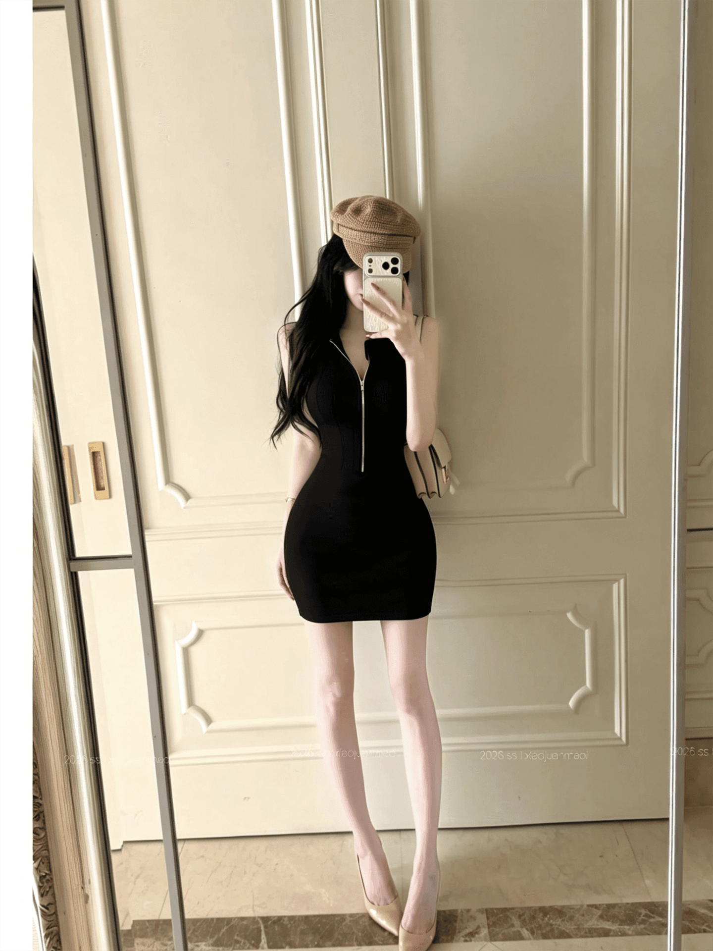 실사 순수한 흰색 도자기 뼈 미니멀리즘 다용도 몸매 가꾸기 민소매 디자인 센스 지퍼 니트 타이트 스커트 여성 드레스 이미지 4