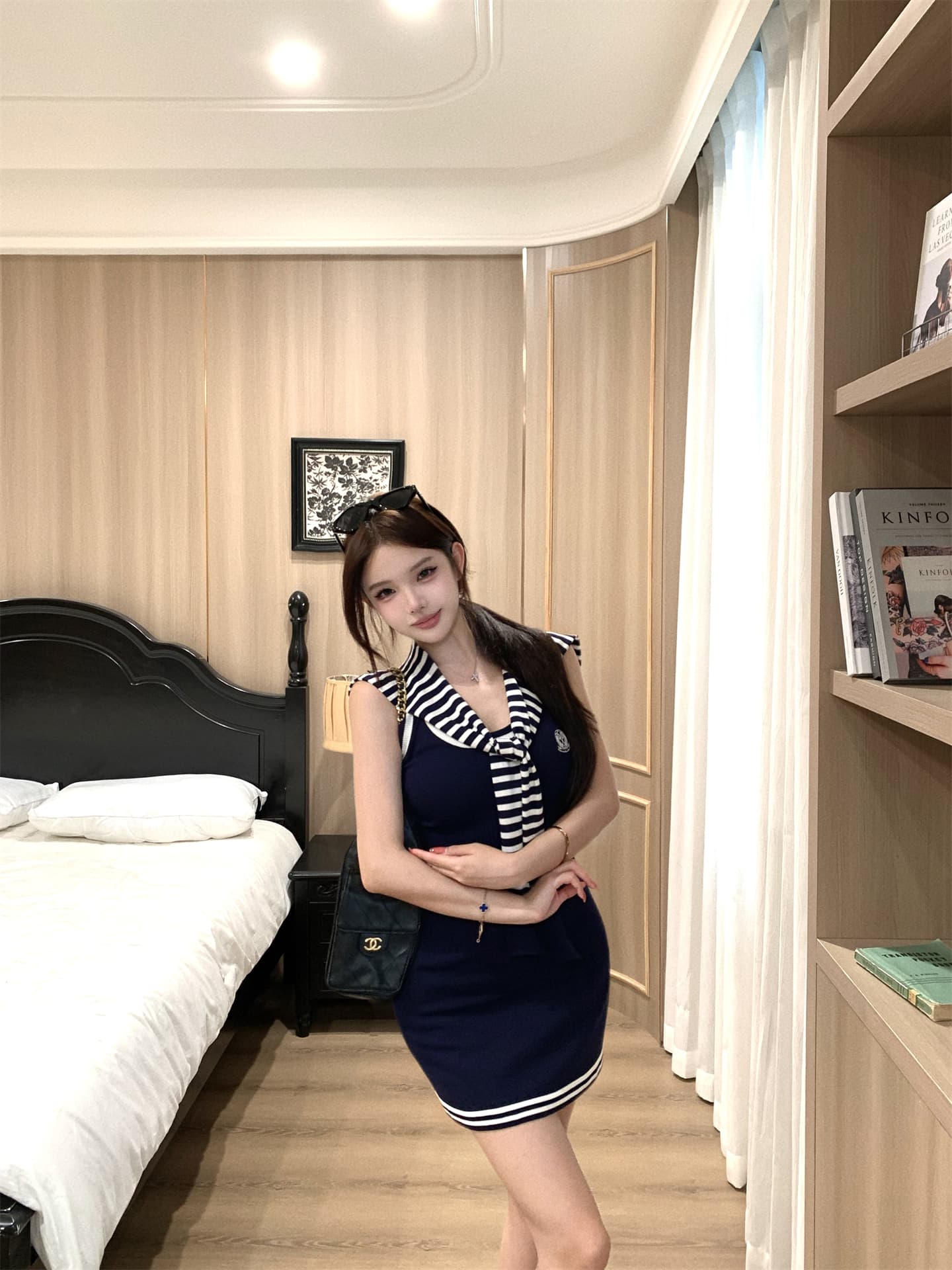실사 새로운 학원 스타일 자수 니트 원피스 가져 가라. 숄 여름 허리 수축 타이트 스커트 드레스 두 조각 여성 세트 상세 이미지 12