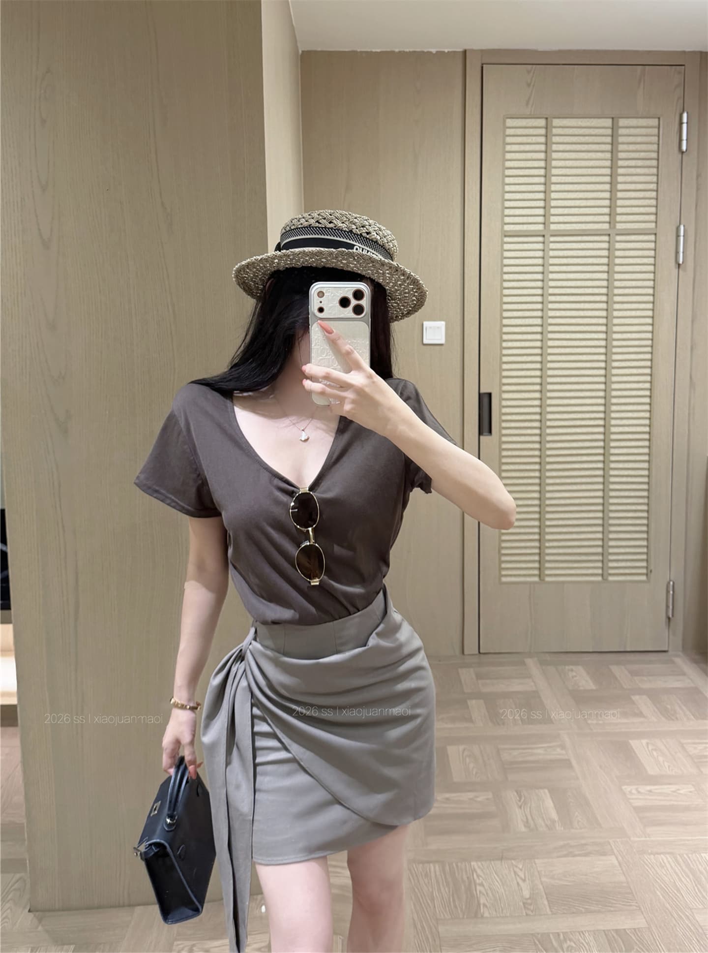 실사 순수한 욕망 u 칼라 반팔 티셔츠 여성 하이웨이스트 불규칙 레이스업 주름 반신 스커트 한 부서 품격 투피스 세트