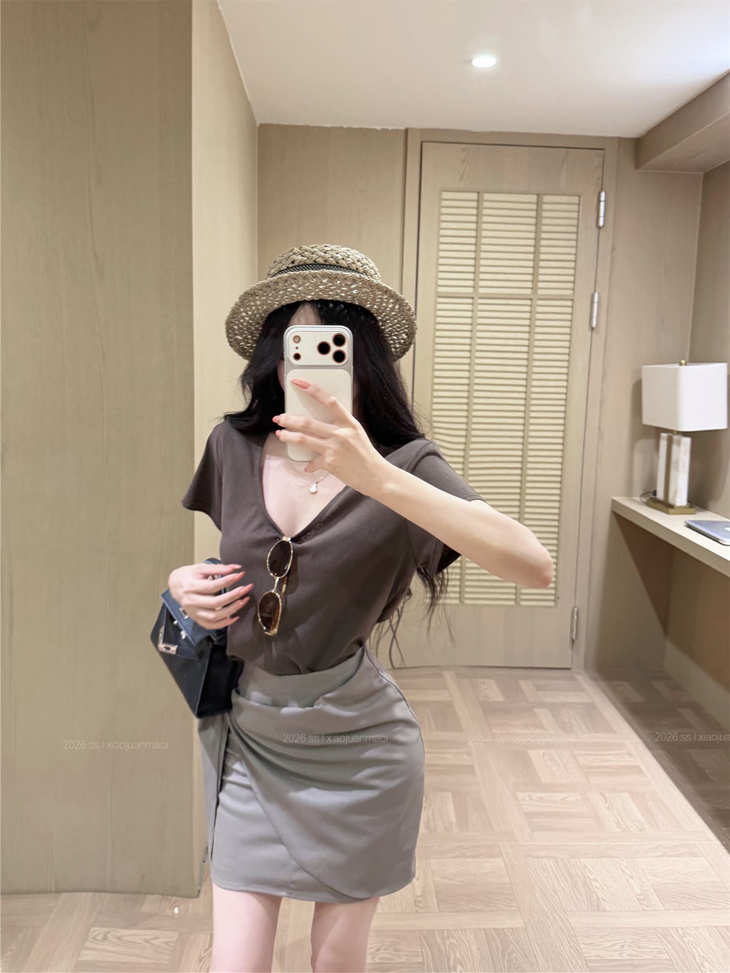 실사 순수한 욕망 u 칼라 반팔 티셔츠 여성 하이웨이스트 불규칙 레이스업 주름 반신 스커트 한 부서 품격 투피스 세트 상세 이미지 1