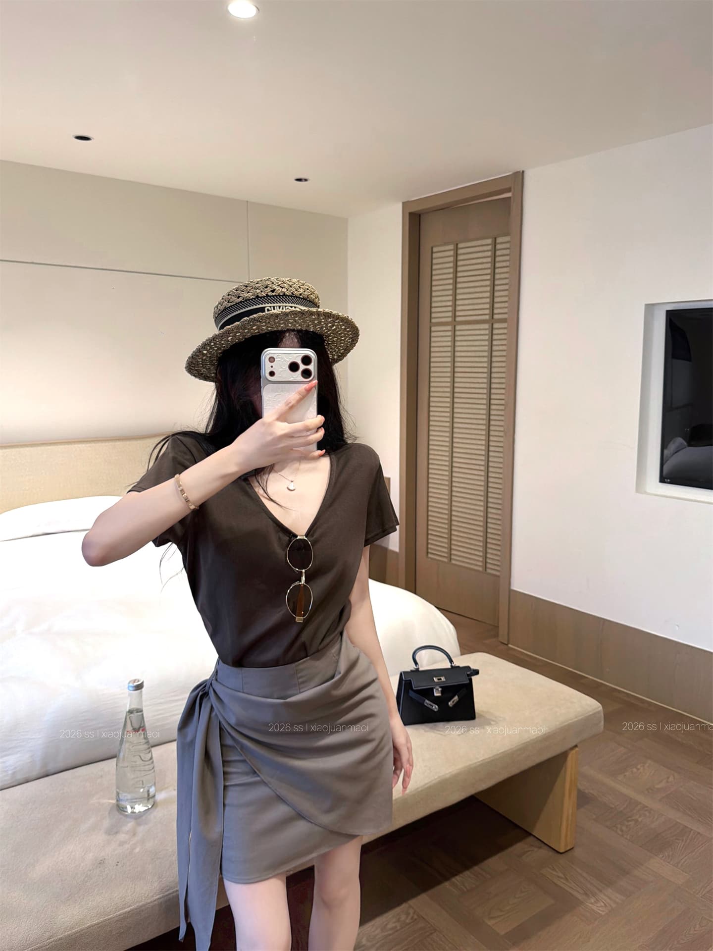 실사 순수한 욕망 u 칼라 반팔 티셔츠 여성 하이웨이스트 불규칙 레이스업 주름 반신 스커트 한 부서 품격 투피스 세트 상세 이미지 9