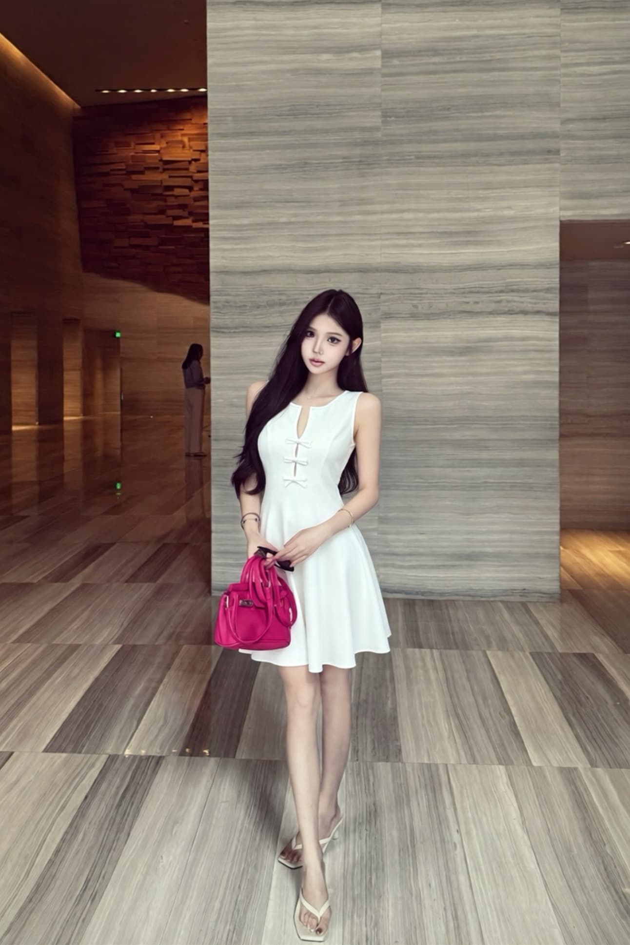 실사 새로운 프랑스식 순수한 욕망 바람 니트 여성 드레스 나비 매듭 단추 허리 수축 슬림해 보이는 조끼 치마 이미지 6