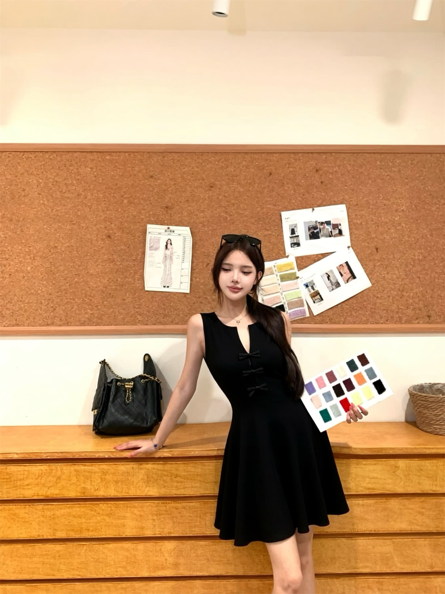 실사 새로운 프랑스식 순수한 욕망 바람 니트 여성 드레스 나비 매듭 단추 허리 수축 슬림해 보이는 조끼 치마 상세 이미지 5