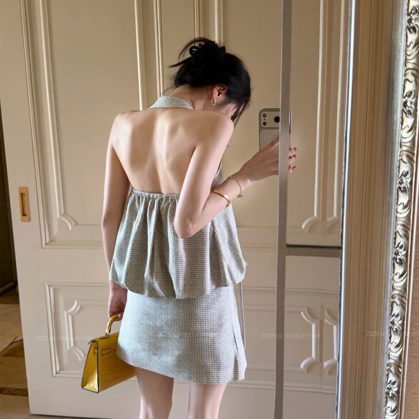 실사 새로운 레트로 학원 여름 행침 목 백리스 꽃밭 조끼 반신 스커트 노출 방지 두 조각 여성 세트 이미지 5