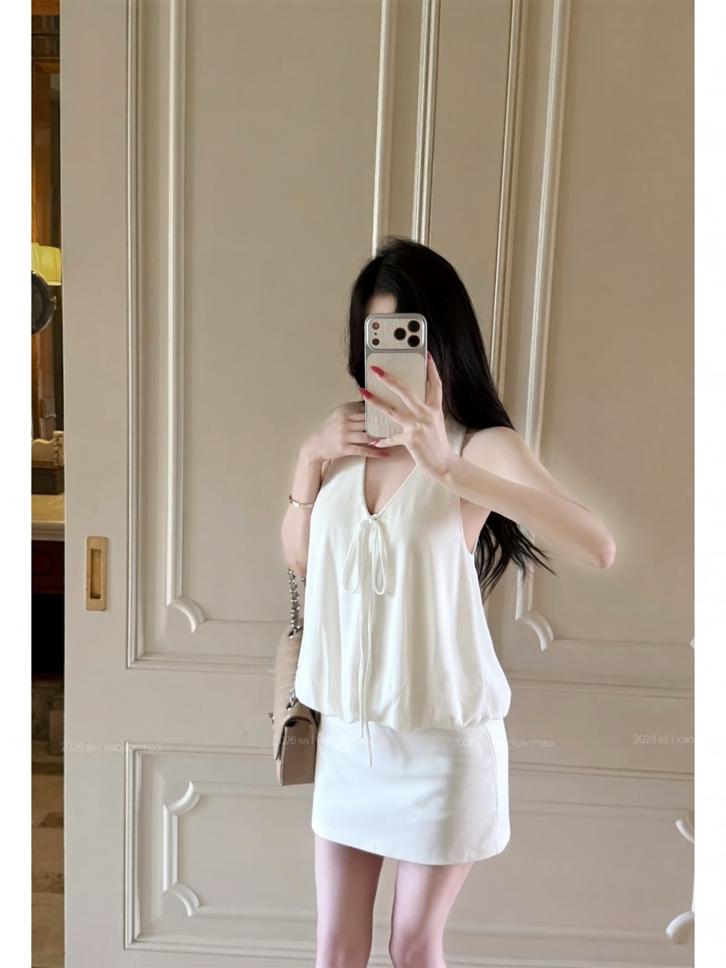 실사 새로운 레트로 학원 여름 행침 목 백리스 꽃밭 조끼 반신 스커트 노출 방지 두 조각 여성 세트 상세 이미지 2