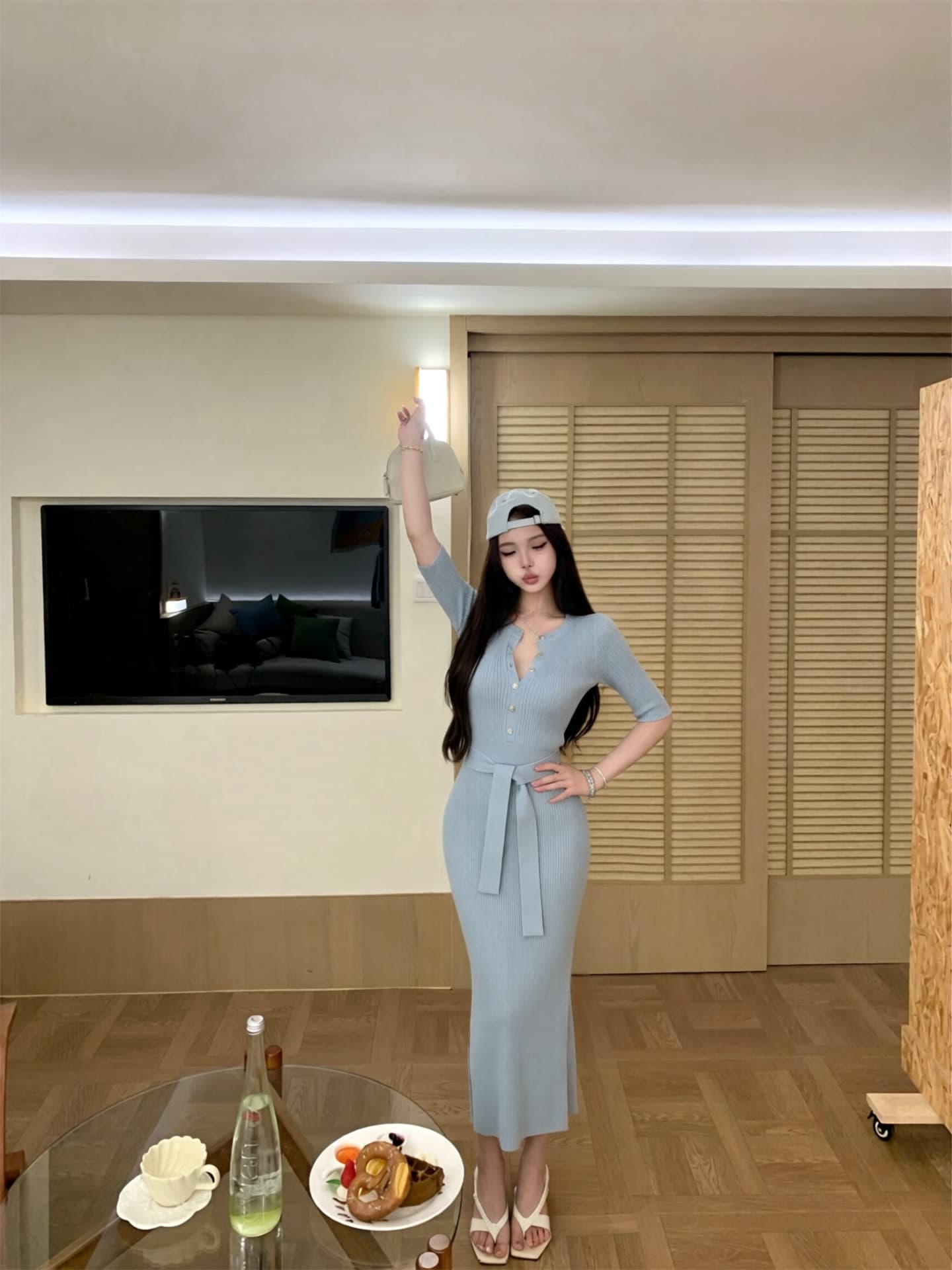 실사 새로운 반 개방 칼라 레이스업 니트 여성 드레스 중간 소매 허리 수축 치마 몸매 가꾸기 수직 구덩이 기사 롱 스커트 상세 이미지 7