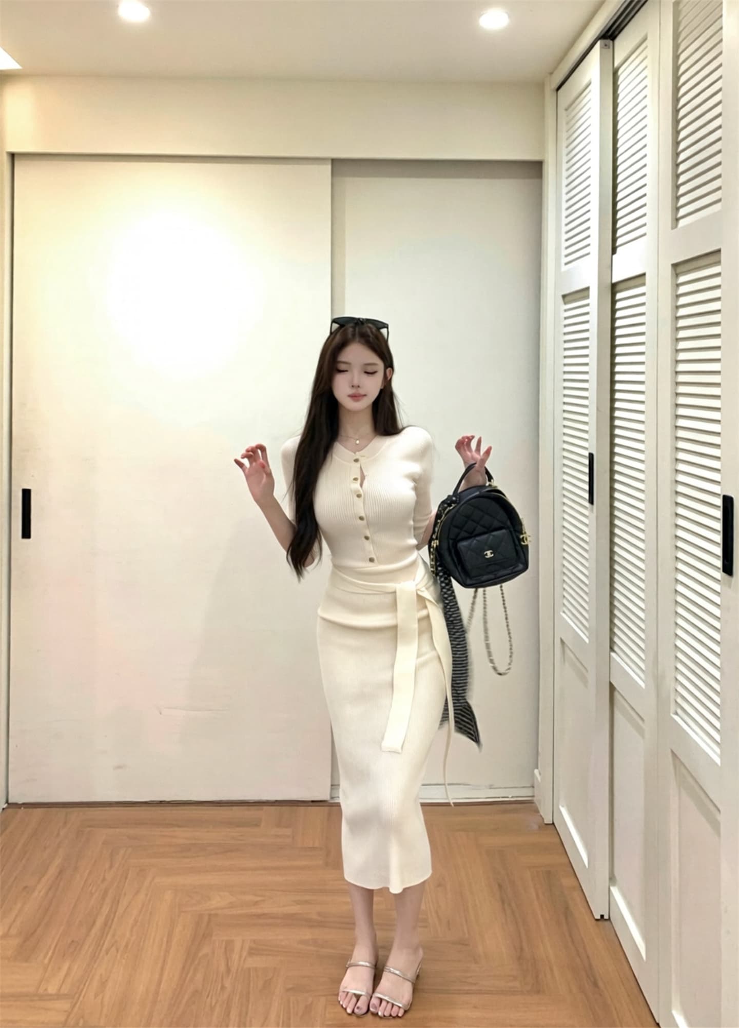 실사 새로운 반 개방 칼라 레이스업 니트 여성 드레스 중간 소매 허리 수축 치마 몸매 가꾸기 수직 구덩이 기사 롱 스커트 상세 이미지 15