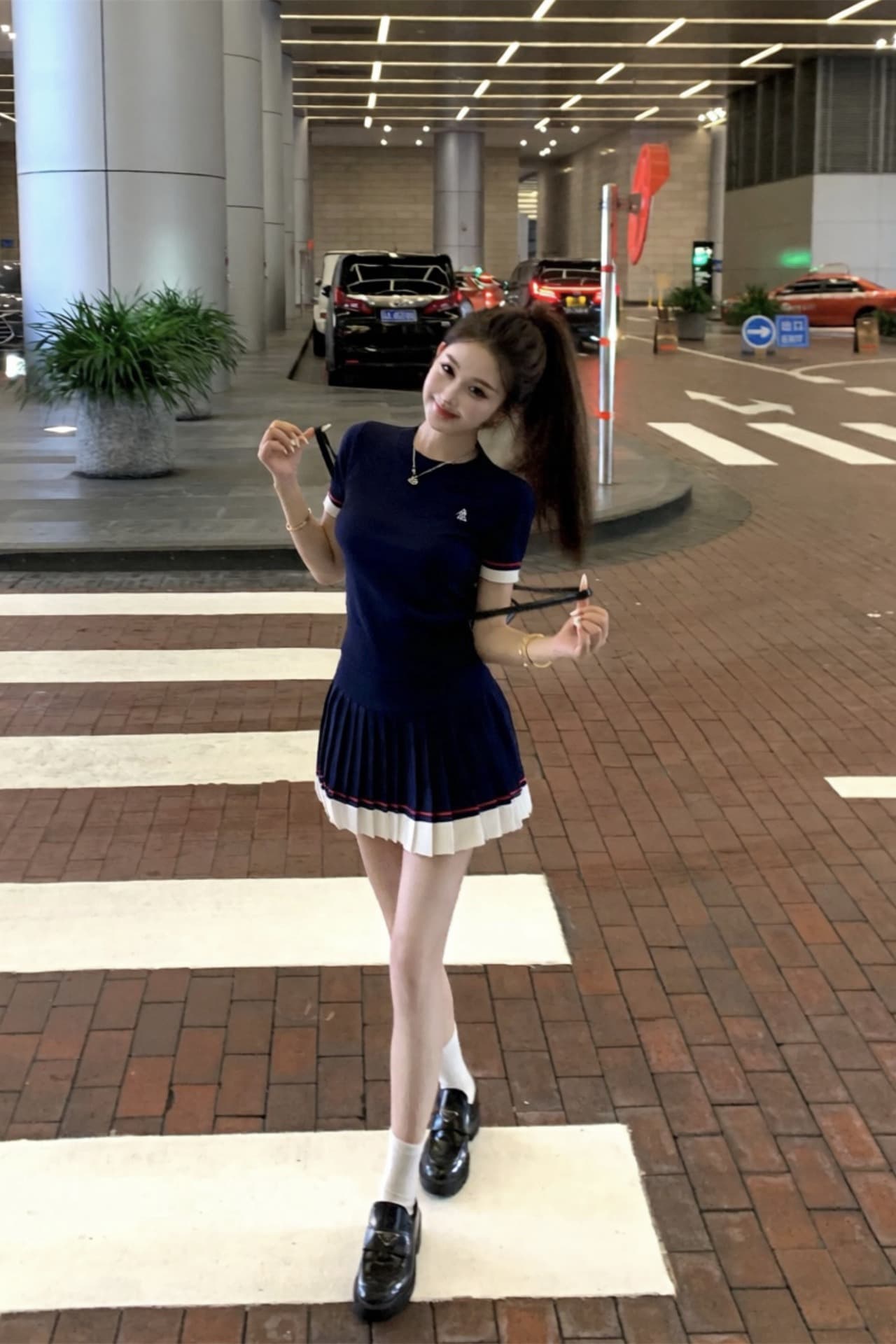실사 새로운 아메리칸 레트로 해군 니트 반팔 티셔츠 반신 미니 스커트 몸매 가꾸기 신축성 두 조각 여성 세트 이미지 6