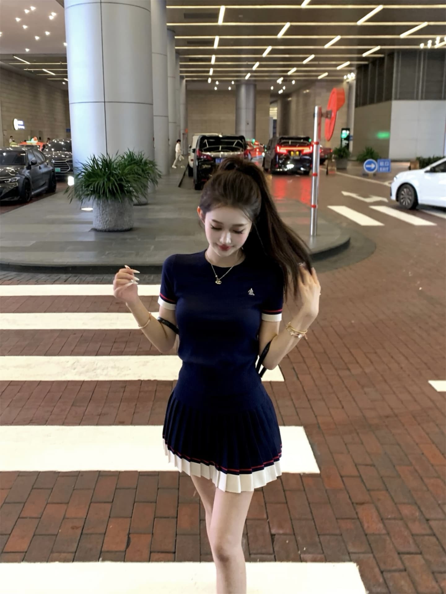 실사 새로운 아메리칸 레트로 해군 니트 반팔 티셔츠 반신 미니 스커트 몸매 가꾸기 신축성 두 조각 여성 세트 상세 이미지 7