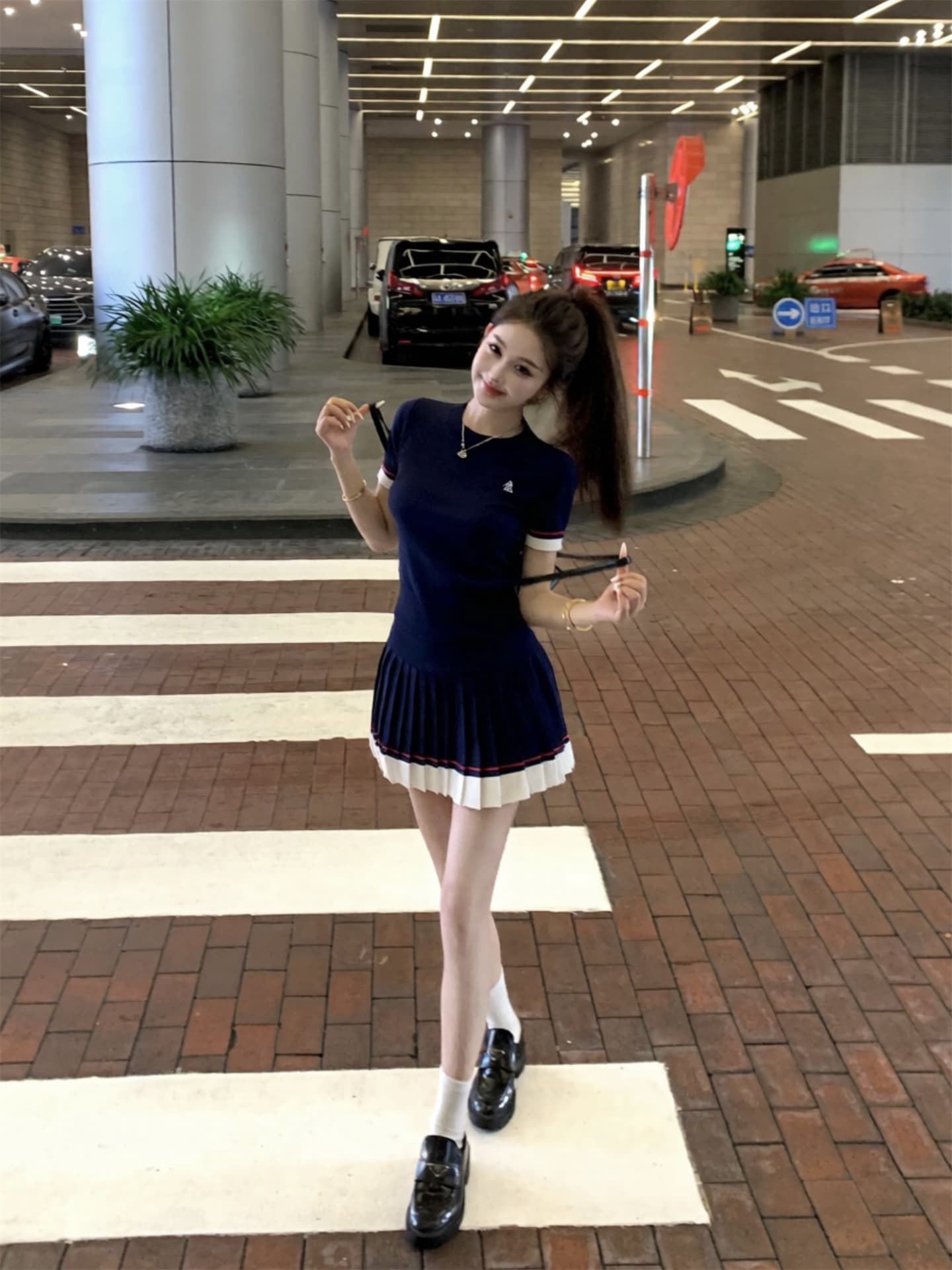 실사 새로운 아메리칸 레트로 해군 니트 반팔 티셔츠 반신 미니 스커트 몸매 가꾸기 신축성 두 조각 여성 세트 상세 이미지 12