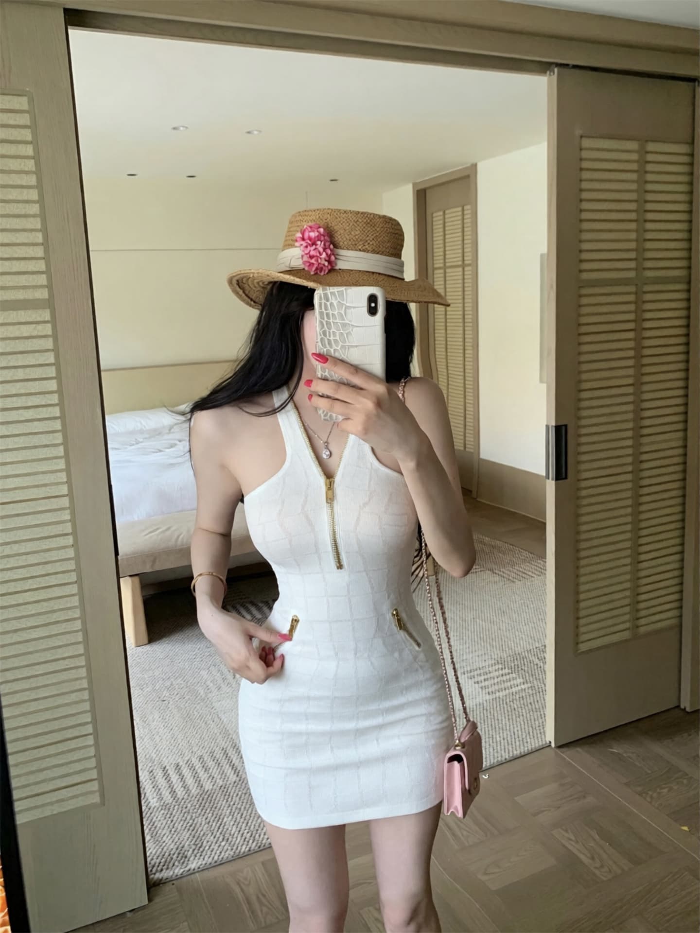 실사 새로운 긴자 비싼 여성 순수한 욕망 바람 품격 행침 목 홀로우 아웃 허리 수축 슬림해 보이는 타이트 스커트 드레스 여름 상세 이미지 15