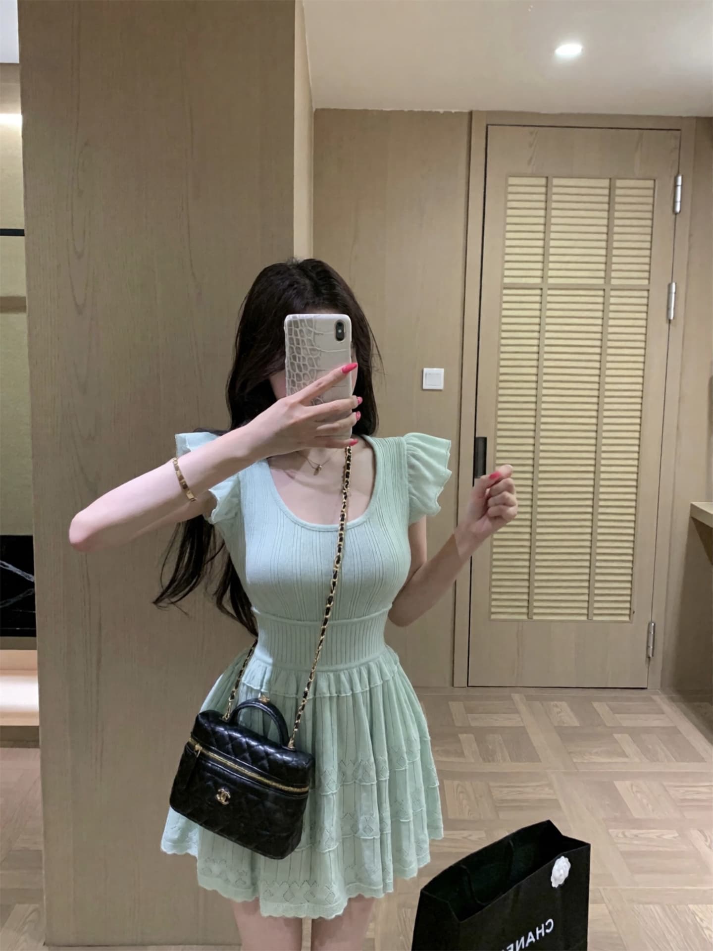 실사 새로운 박하 남자 웨이브 작은 날다 소매 품격 연령 감소 허리 수축 슬림해 보이는 니트 여성 드레스 3 색 상세 이미지 2