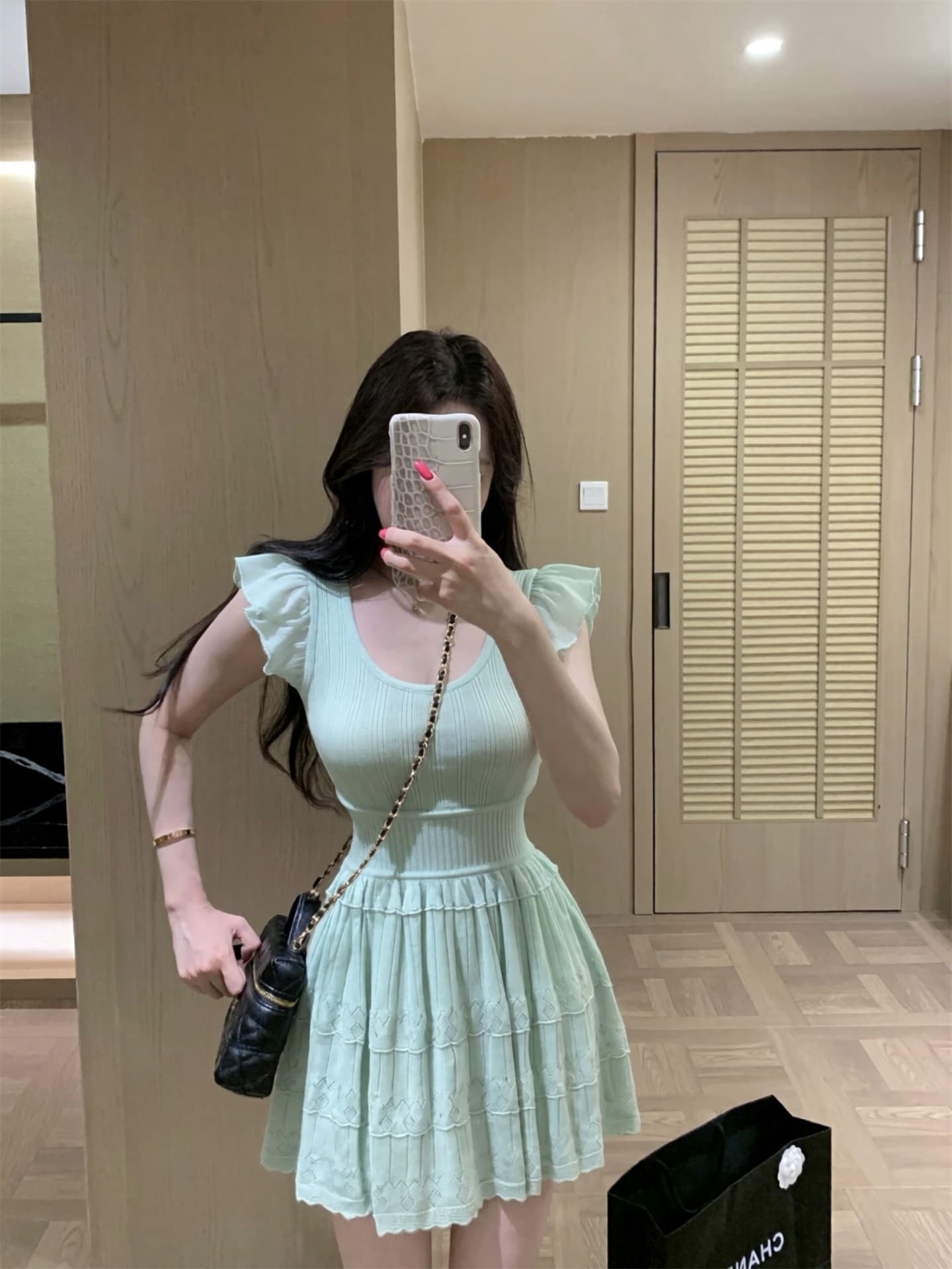 실사 새로운 박하 남자 웨이브 작은 날다 소매 품격 연령 감소 허리 수축 슬림해 보이는 니트 여성 드레스 3 색 상세 이미지 4