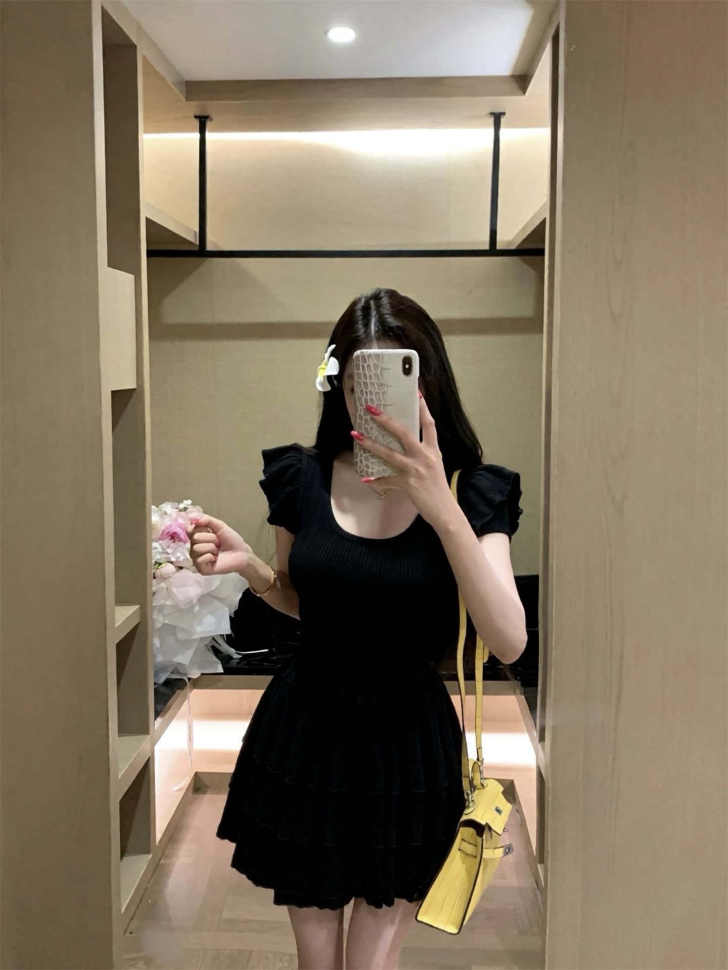 실사 새로운 박하 남자 웨이브 작은 날다 소매 품격 연령 감소 허리 수축 슬림해 보이는 니트 여성 드레스 3 색 상세 이미지 14
