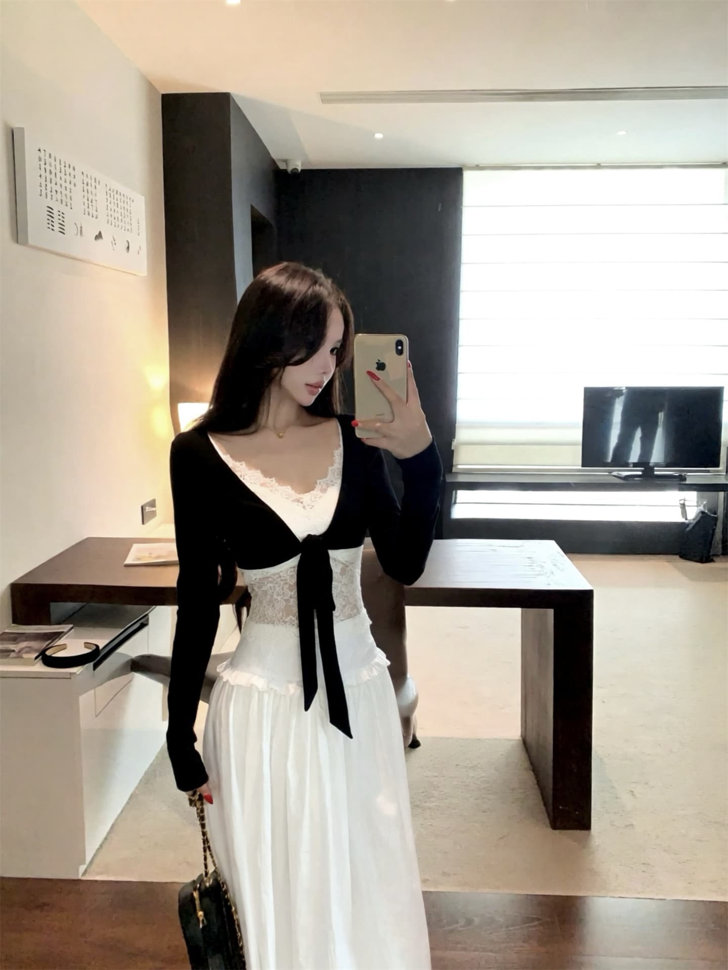 실사 이른 가을 프랑스식 고급 센스 품격 니트 오픈 가디건 캐미솔 반신 롱 스커트 세 조각 여성 세트 이미지 3
