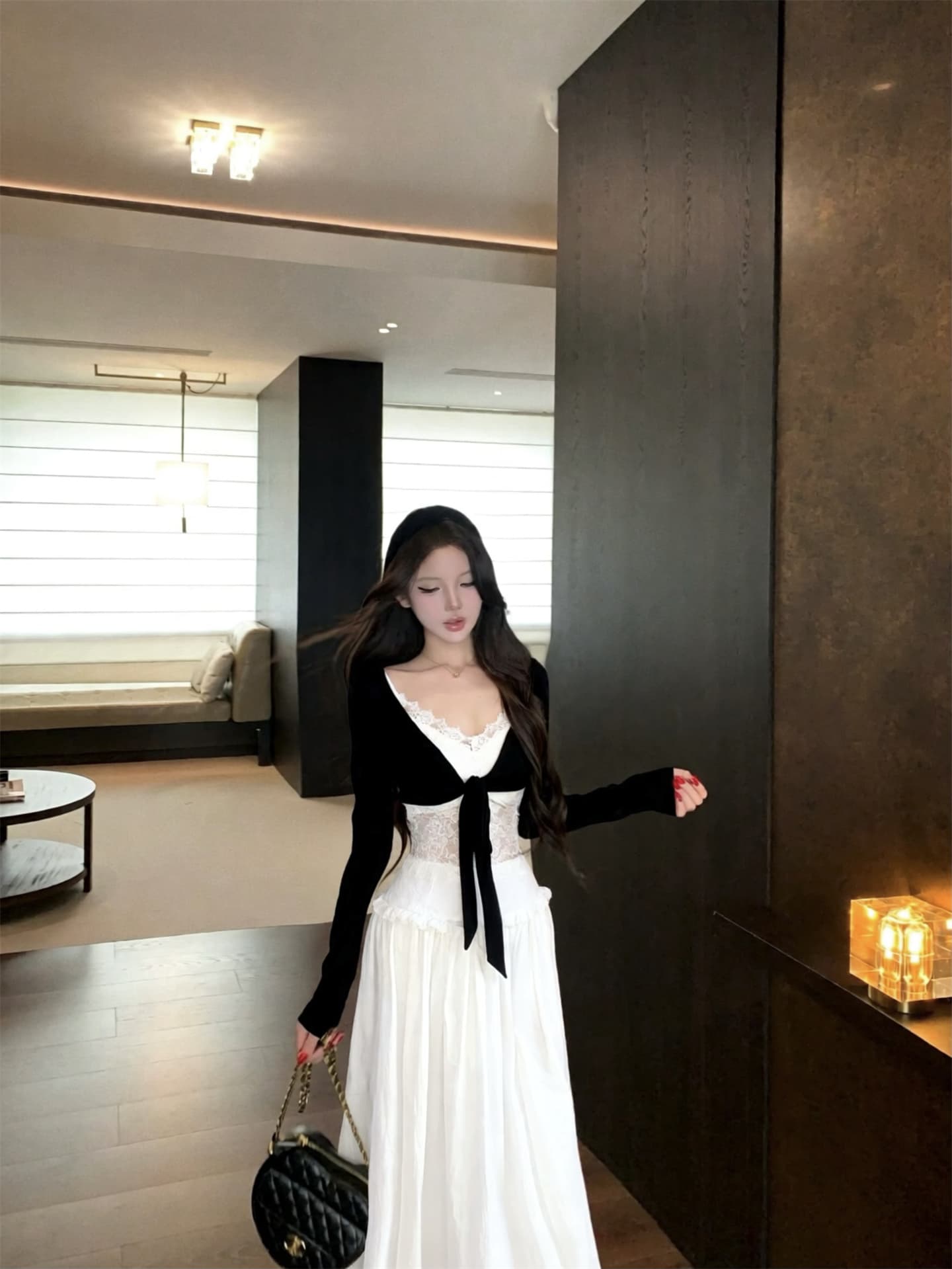 실사 이른 가을 프랑스식 고급 센스 품격 니트 오픈 가디건 캐미솔 반신 롱 스커트 세 조각 여성 세트 상세 이미지 5